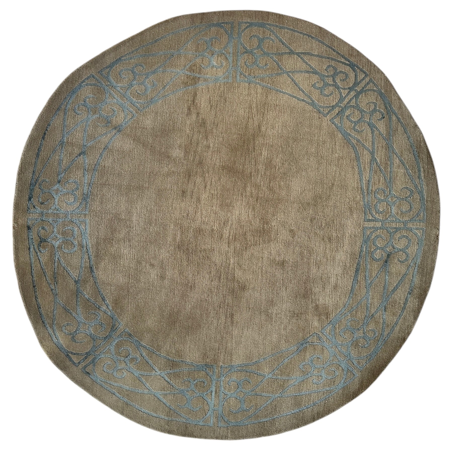 Hand-Knotted Tibetan Rug - 6' x 6'1" Round - Wool & Silk - Elegant Blue Border Design