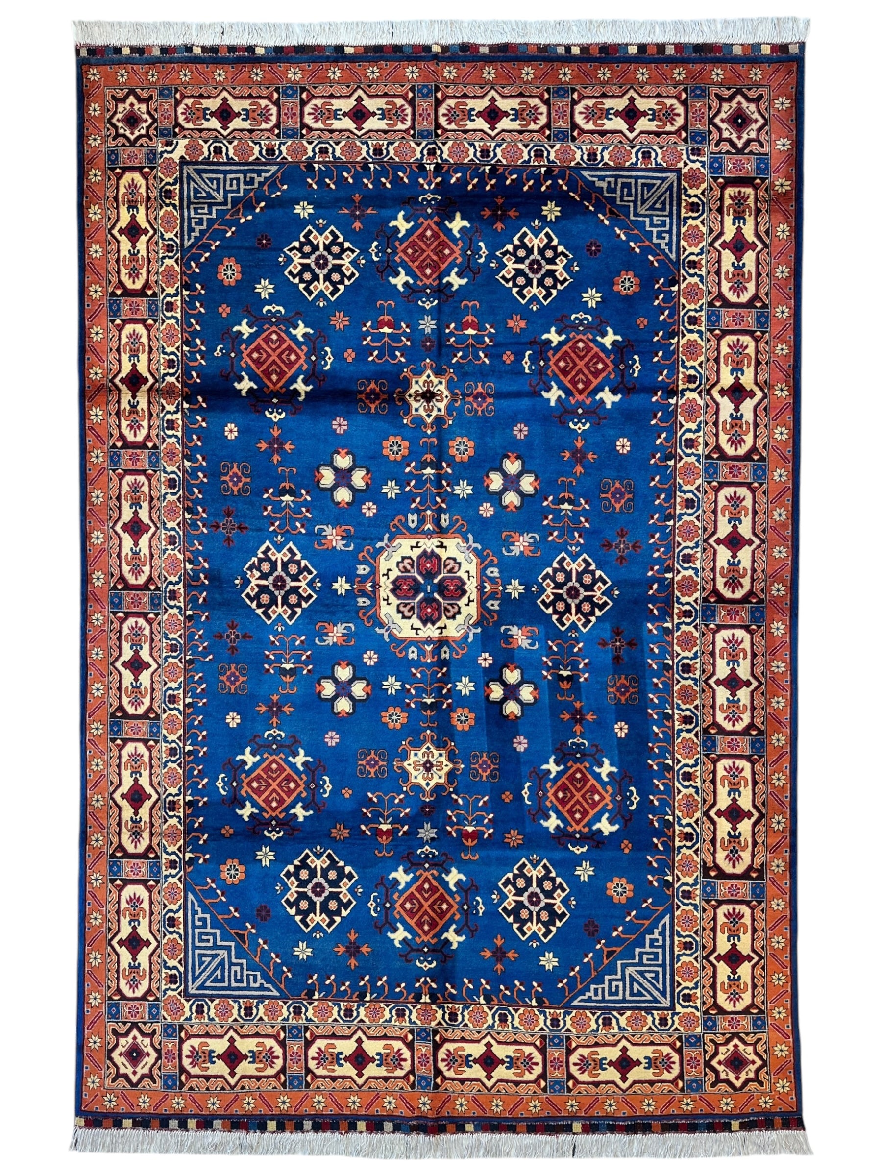 Hand-Knotted Afghan Kazak Rug – 6'6" x 9'7" – Vibrant Geometric Design in 100% Wool