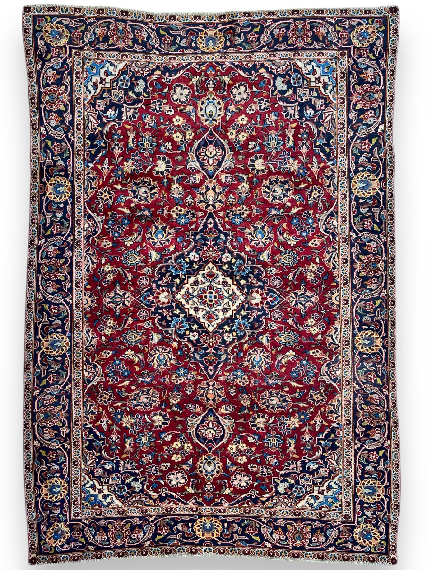 Vintage Hand-Knotted Persian Kashan Wool Rug – 1950s – 6'3" x 9'5"