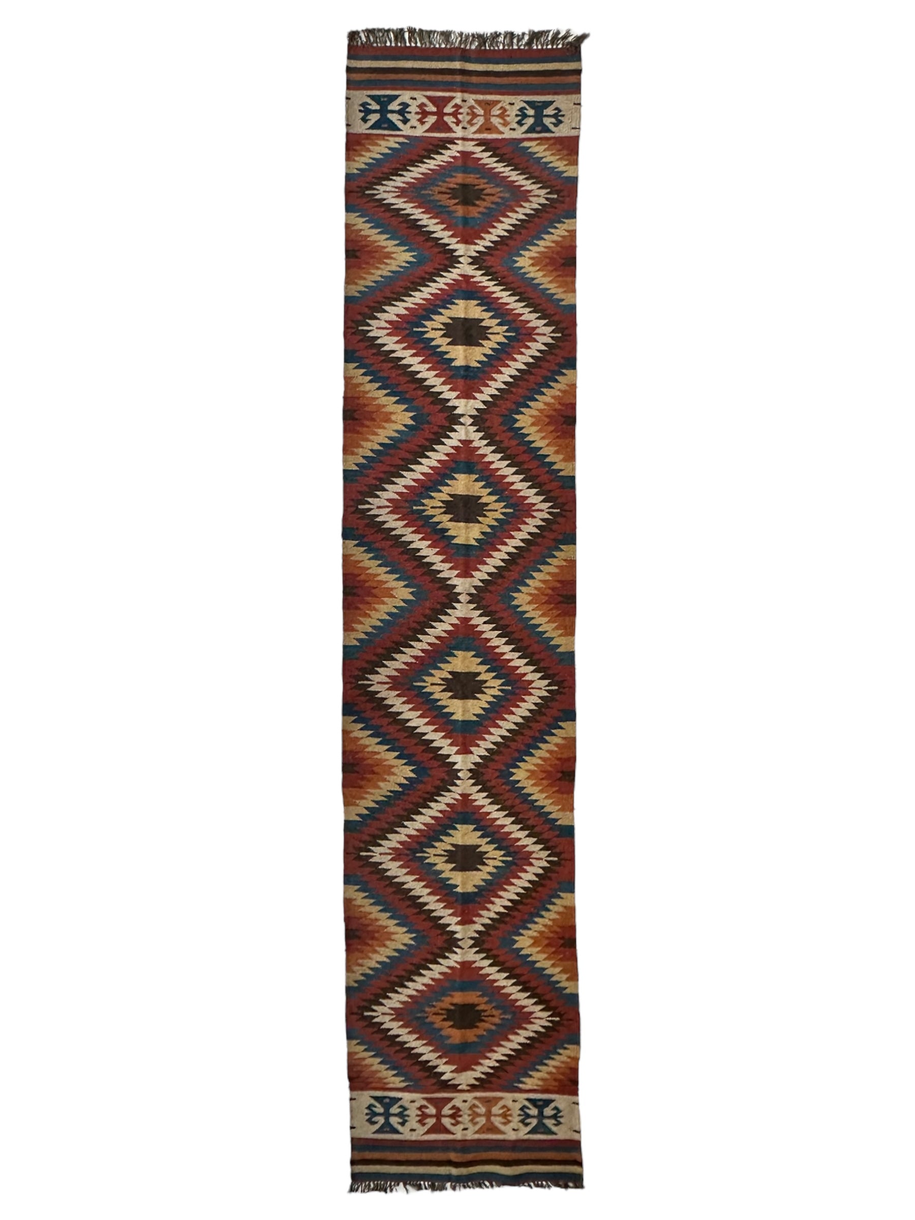 Hand-Knotted Afghan Kilim Wool Runner Rug – 2’8” x 12’4” – Vintage Full Geometric Design