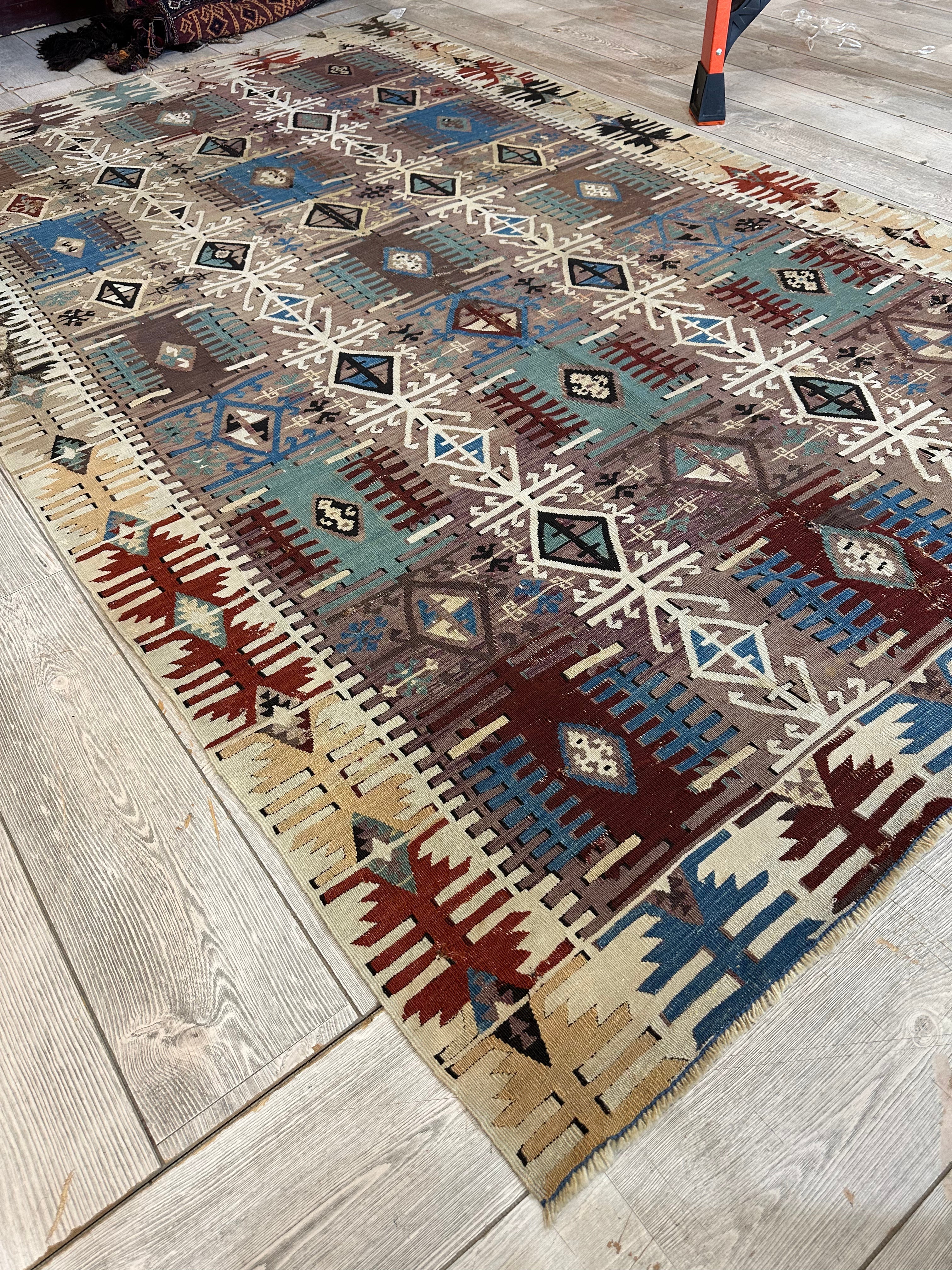 19th C Decorative Collectable Turkish Anatolian Reyhannli Kilim Rug 5’ x 8’3”