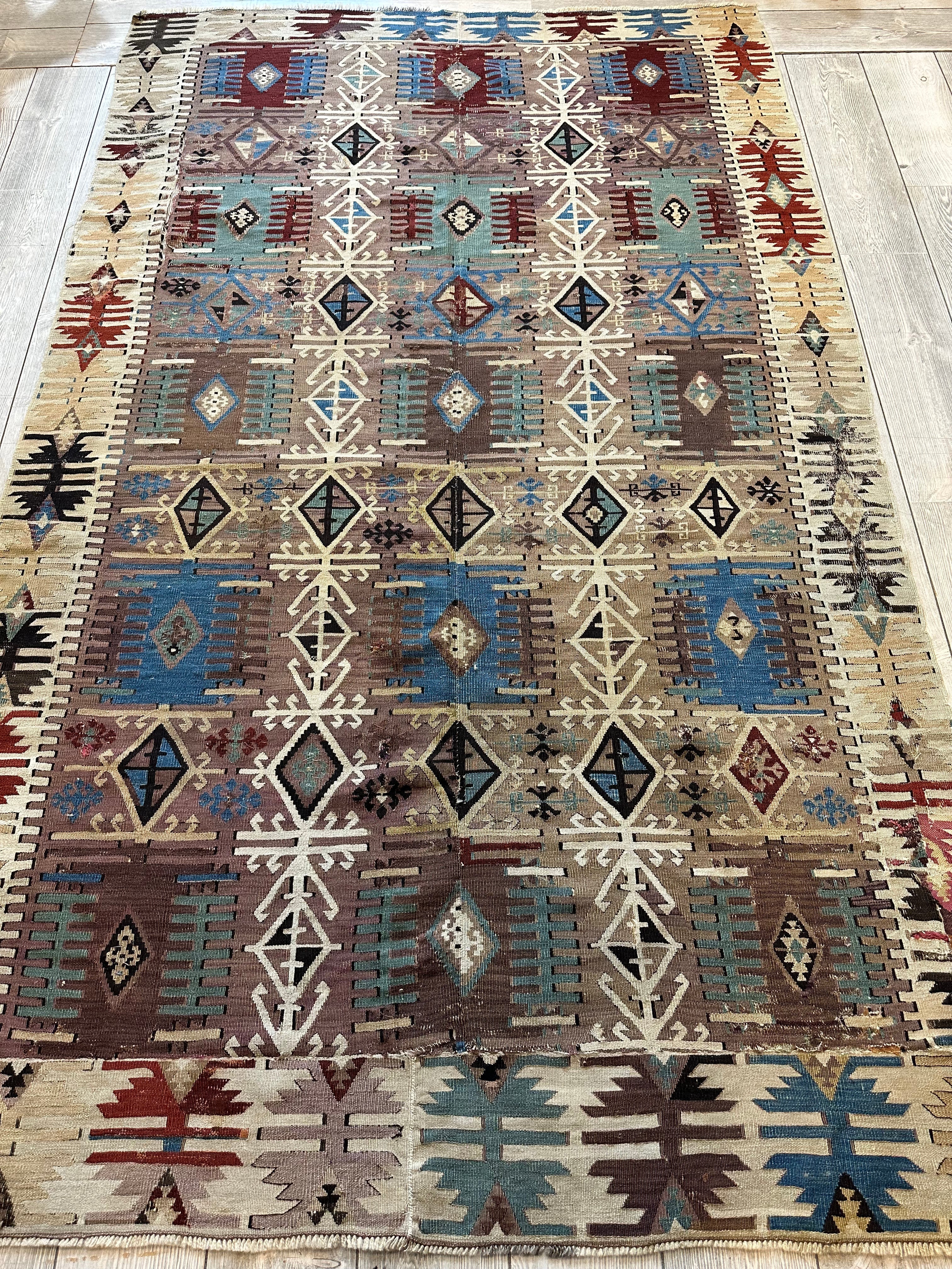 19th C Decorative Collectable Turkish Anatolian Reyhannli Kilim Rug 5’ x 8’3”