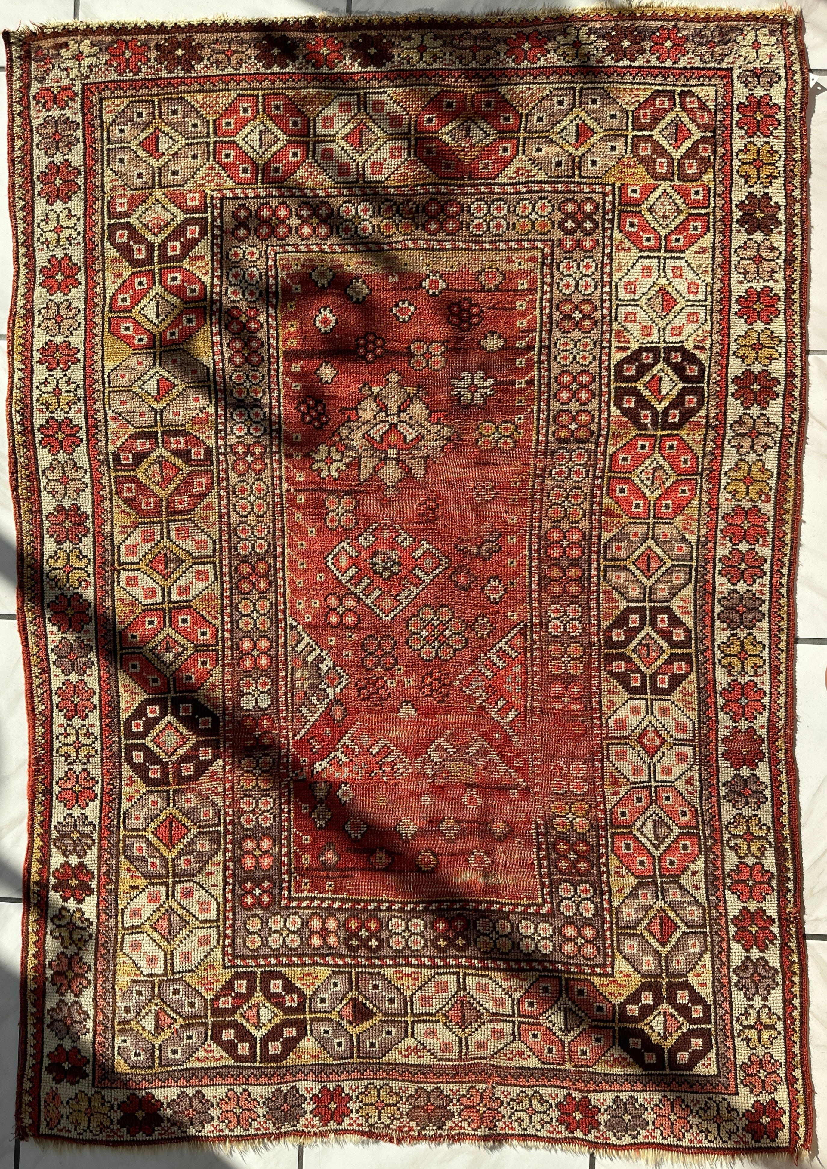 Antique Turkish Wool Distressed Prayer Rug 4’3” x 5’11”