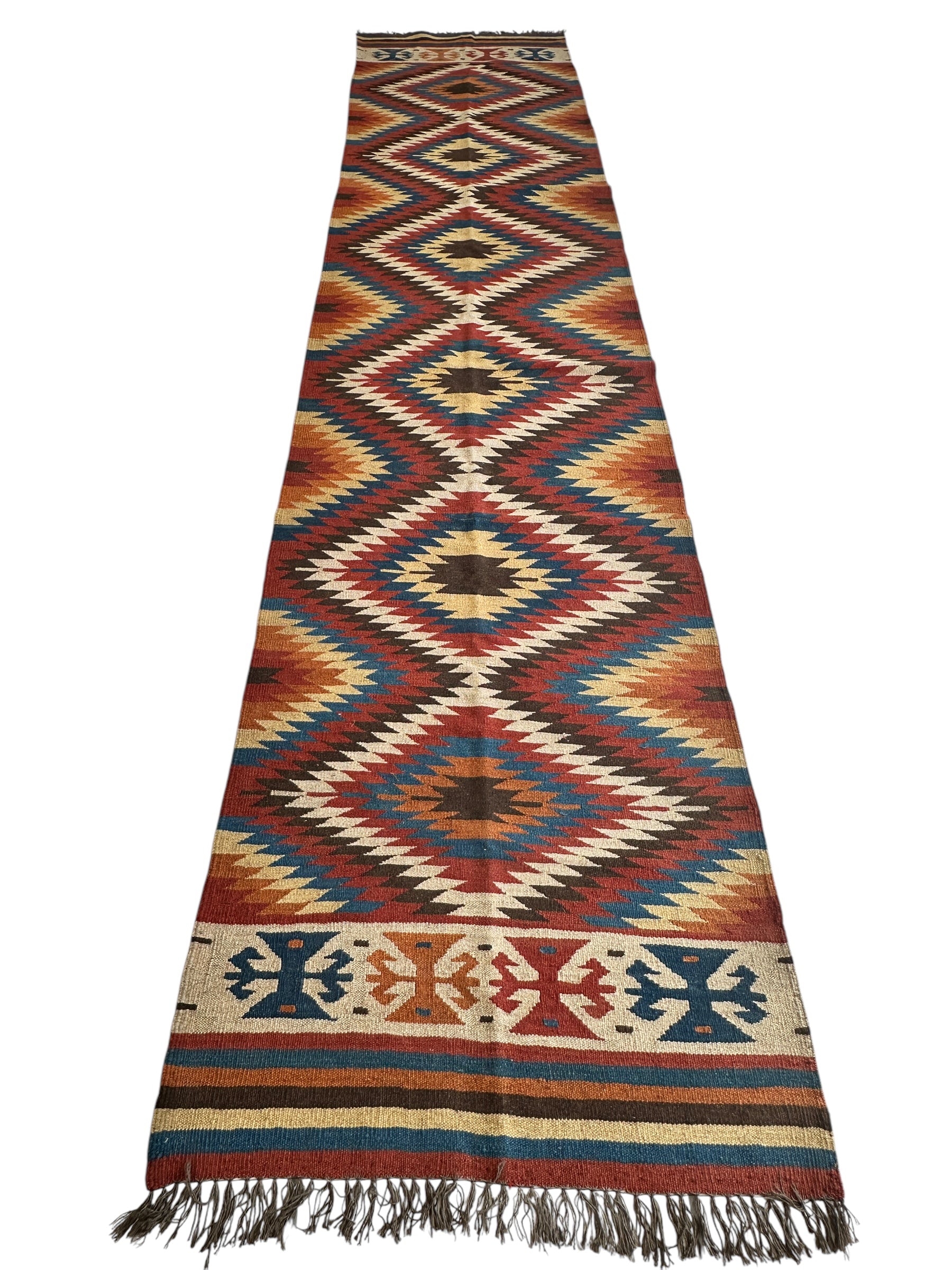 Hand-Knotted Afghan Kilim Wool Runner Rug – 2’8” x 12’4” – Vintage Full Geometric Design