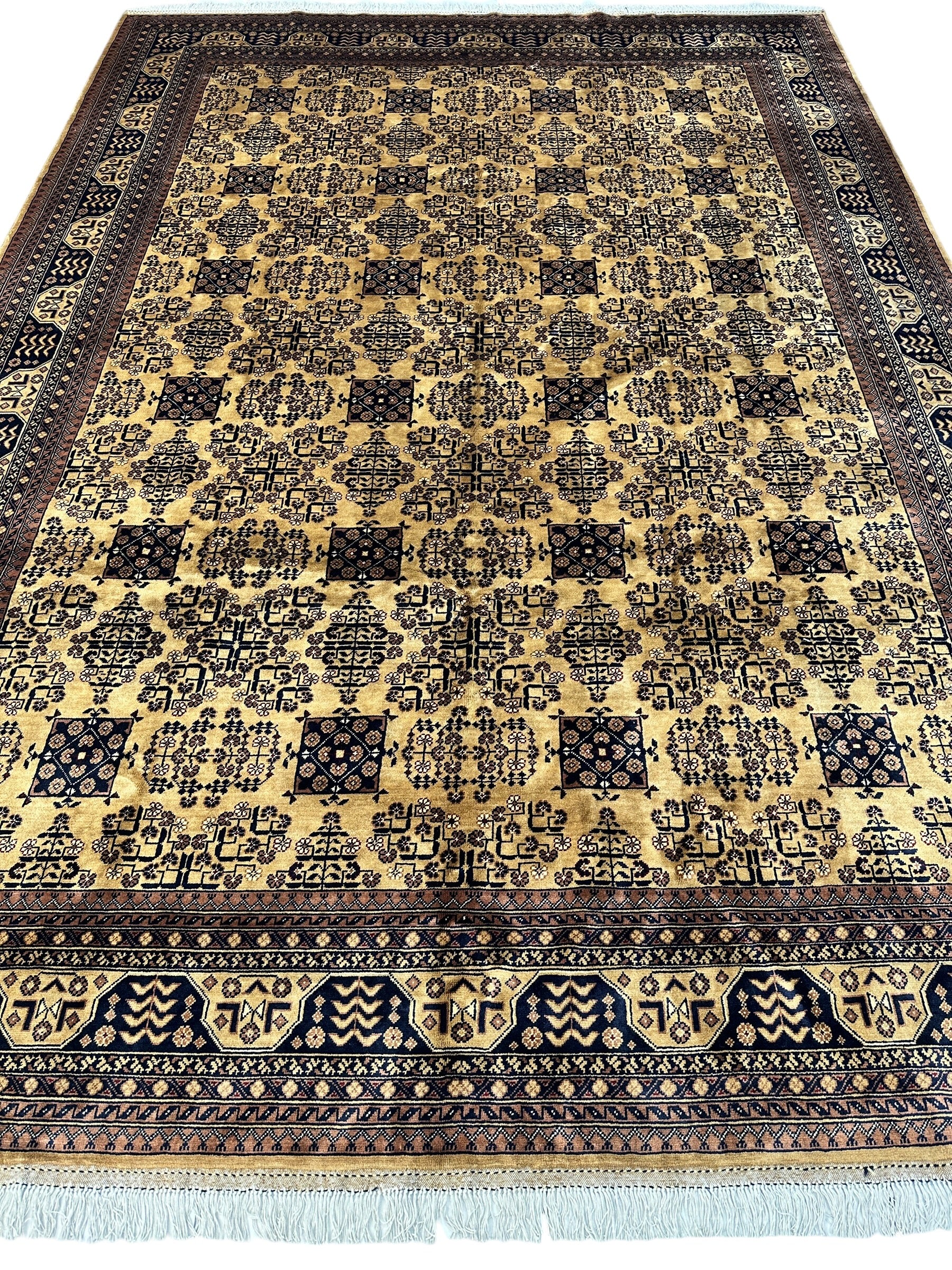 Hand-Knotted Afghan Bukhara Rug 8'4" x 11'10" - Wool, Geometric Patterns