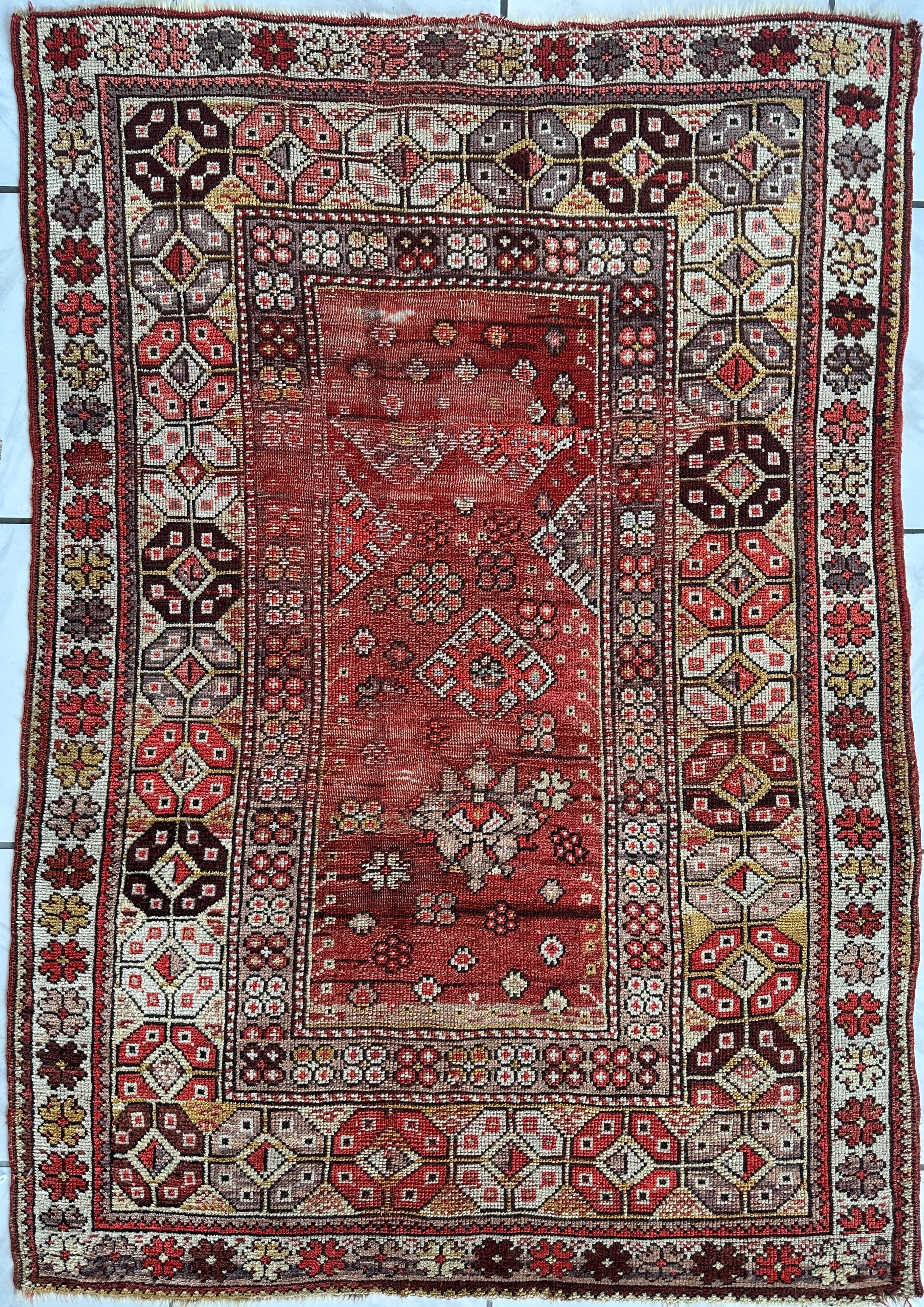 Antique Turkish Wool Distressed Prayer Rug 4’3” x 5’11”