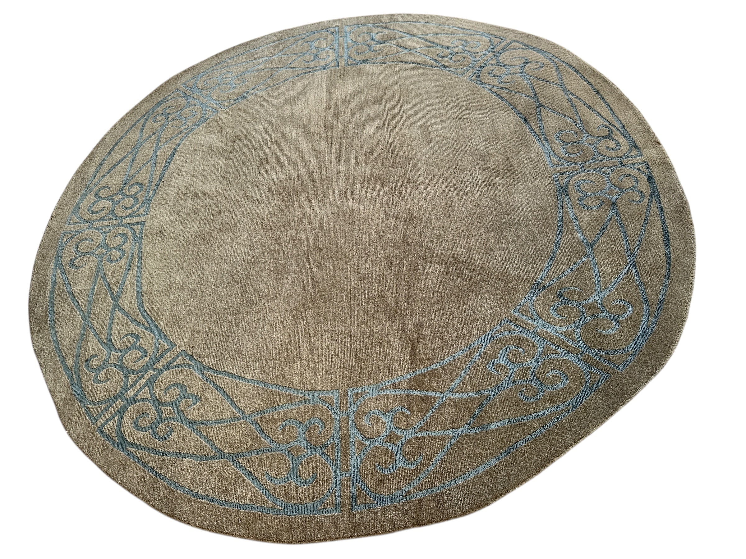 Hand-Knotted Tibetan Rug - 6' x 6'1" Round - Wool & Silk - Elegant Blue Border Design