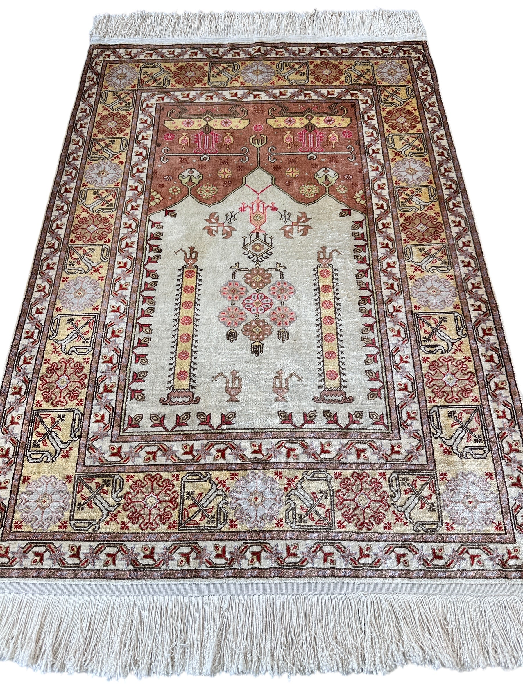 Luxurious Hand-Knotted Pure Silk Turkish Kayseri Rug – Intricate Floral & Geometric Design, 2’2” x 3’