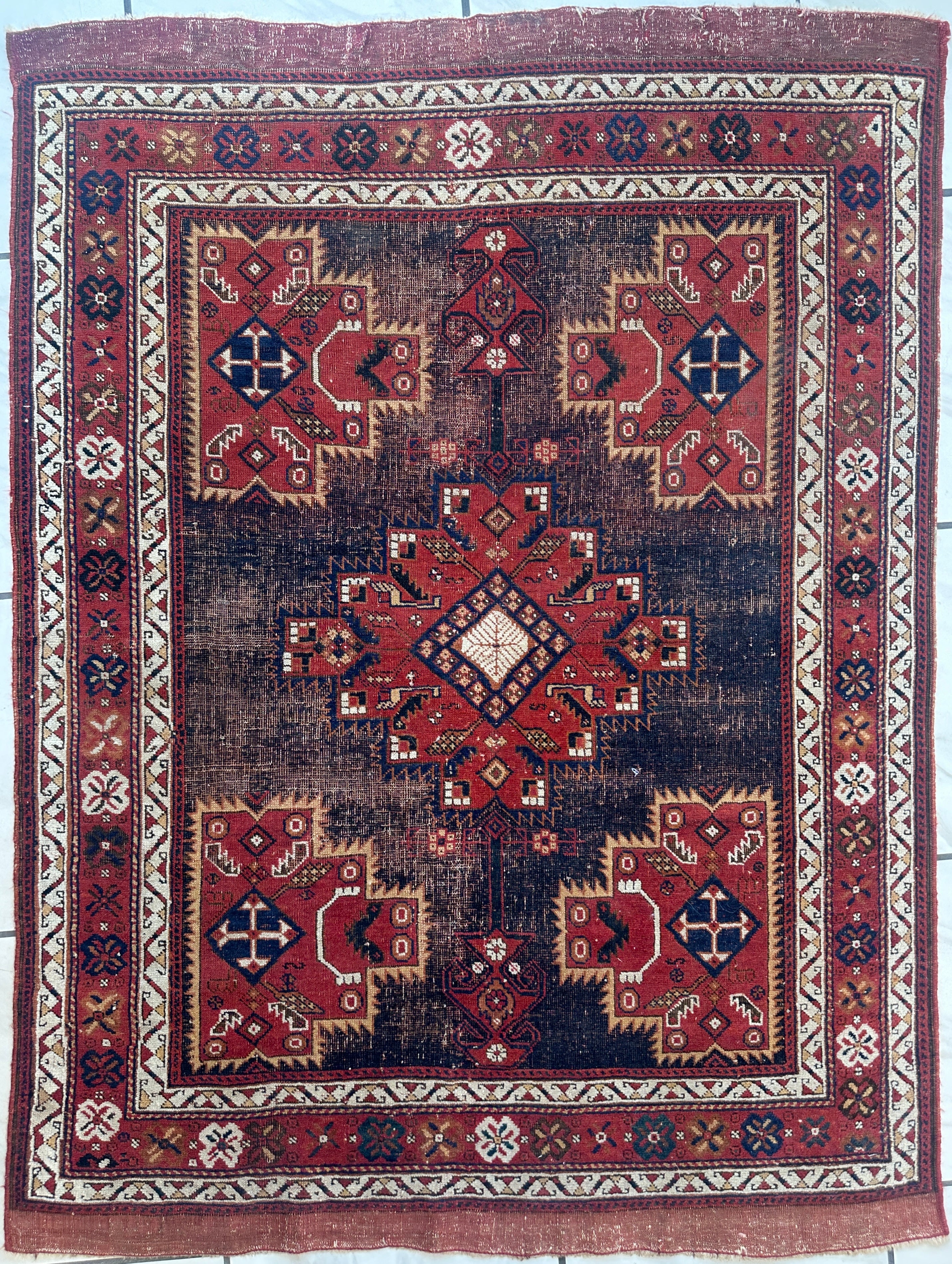 Kurdish Kazak Vintage Wool Rug 4’2” x 5’8”