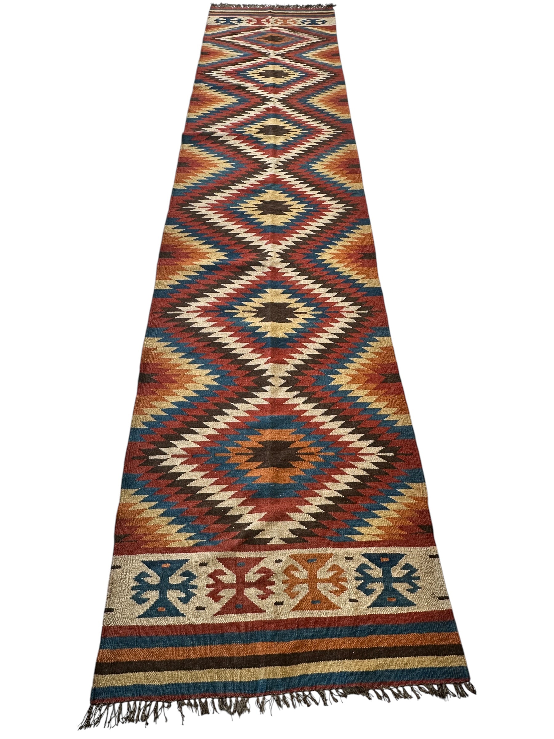 Hand-Knotted Afghan Kilim Wool Runner Rug – 2’8” x 12’4” – Vintage Full Geometric Design