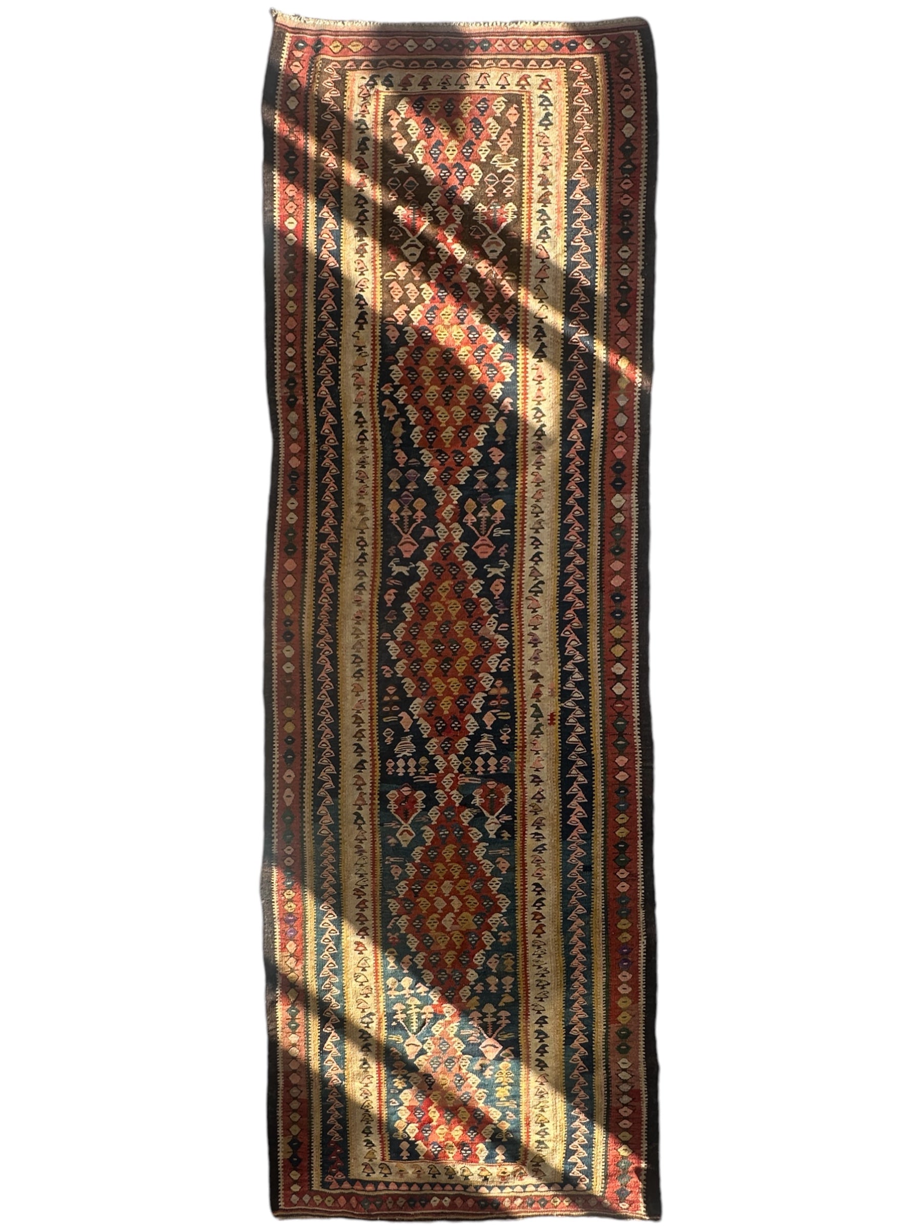 VINTAGE BIDJAR GEOMETRIC BEIGE BROWN AND ORANGE WOOL PERSIAN KILIM RUNNER 3’8” x 10’10”