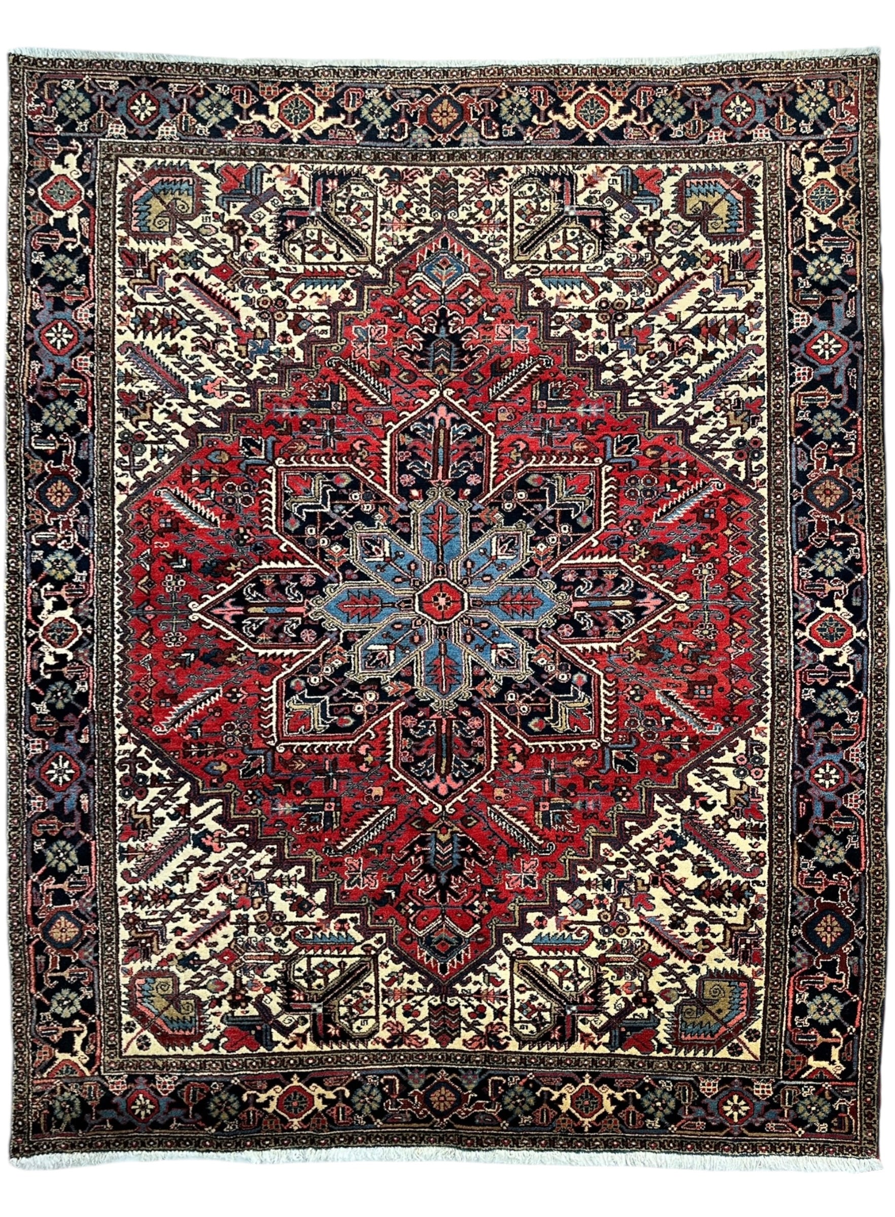 Hand-Knotted Persian Heriz Wool Rug – 9’ x 12’ – Geometric Medallion Design