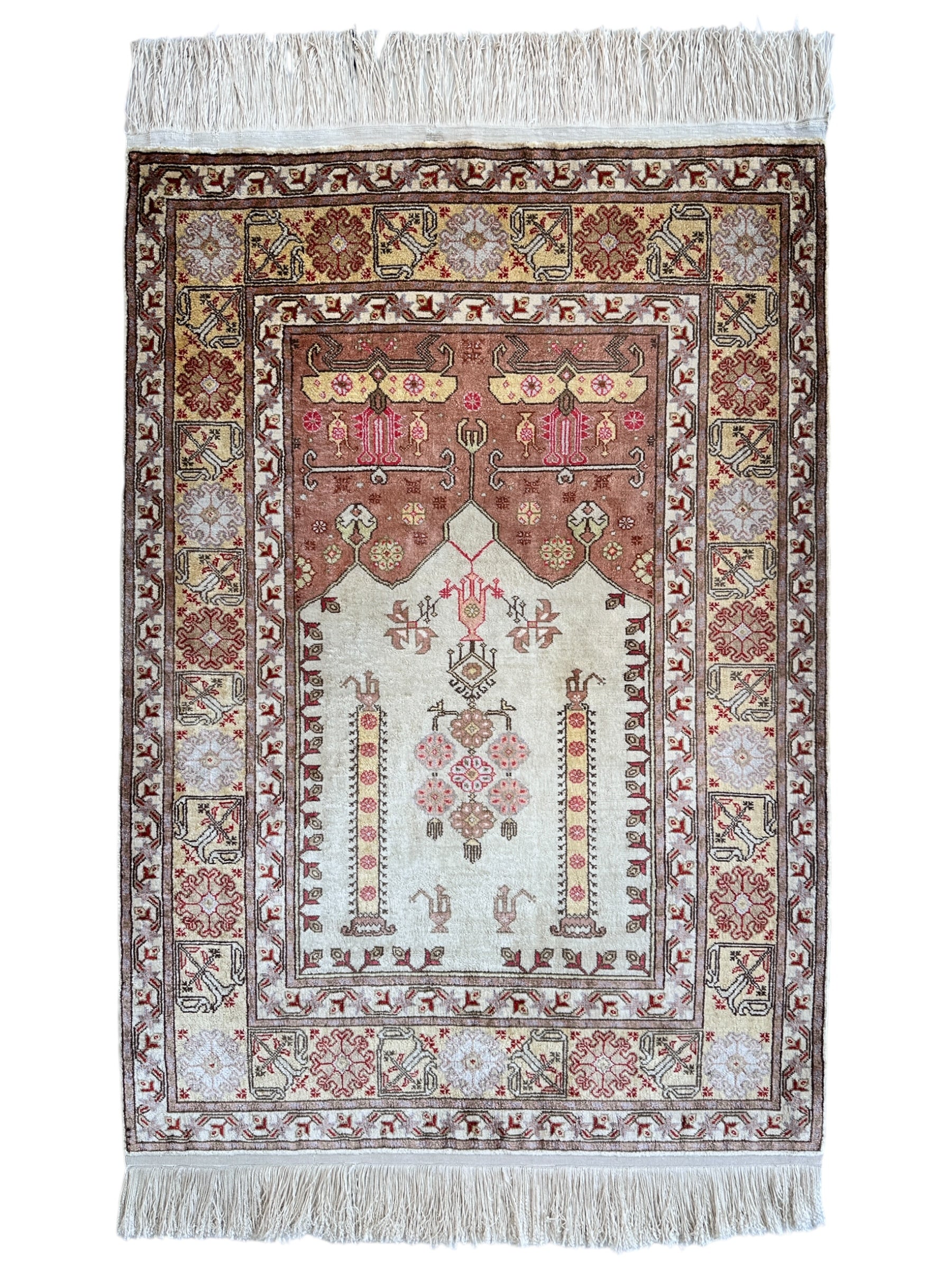 Luxurious Hand-Knotted Pure Silk Turkish Kayseri Rug – Intricate Floral & Geometric Design, 2’2” x 3’