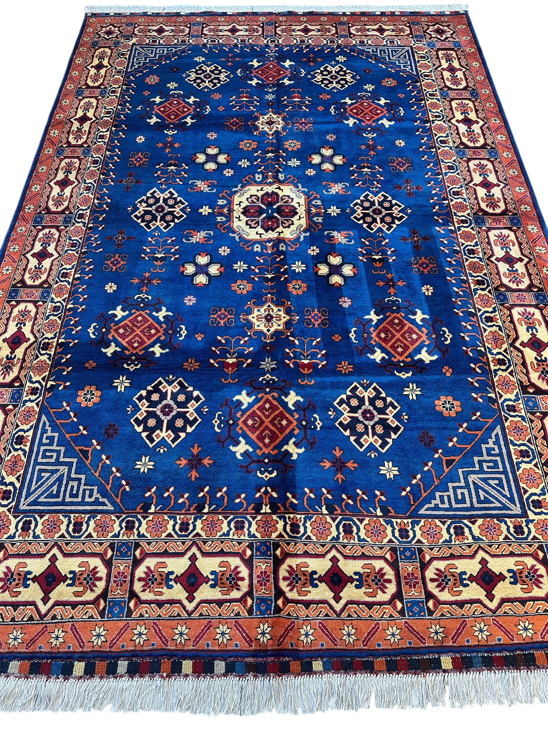 Hand-Knotted Afghan Kazak Rug – 6'6" x 9'7" – Vibrant Geometric Design in 100% Wool