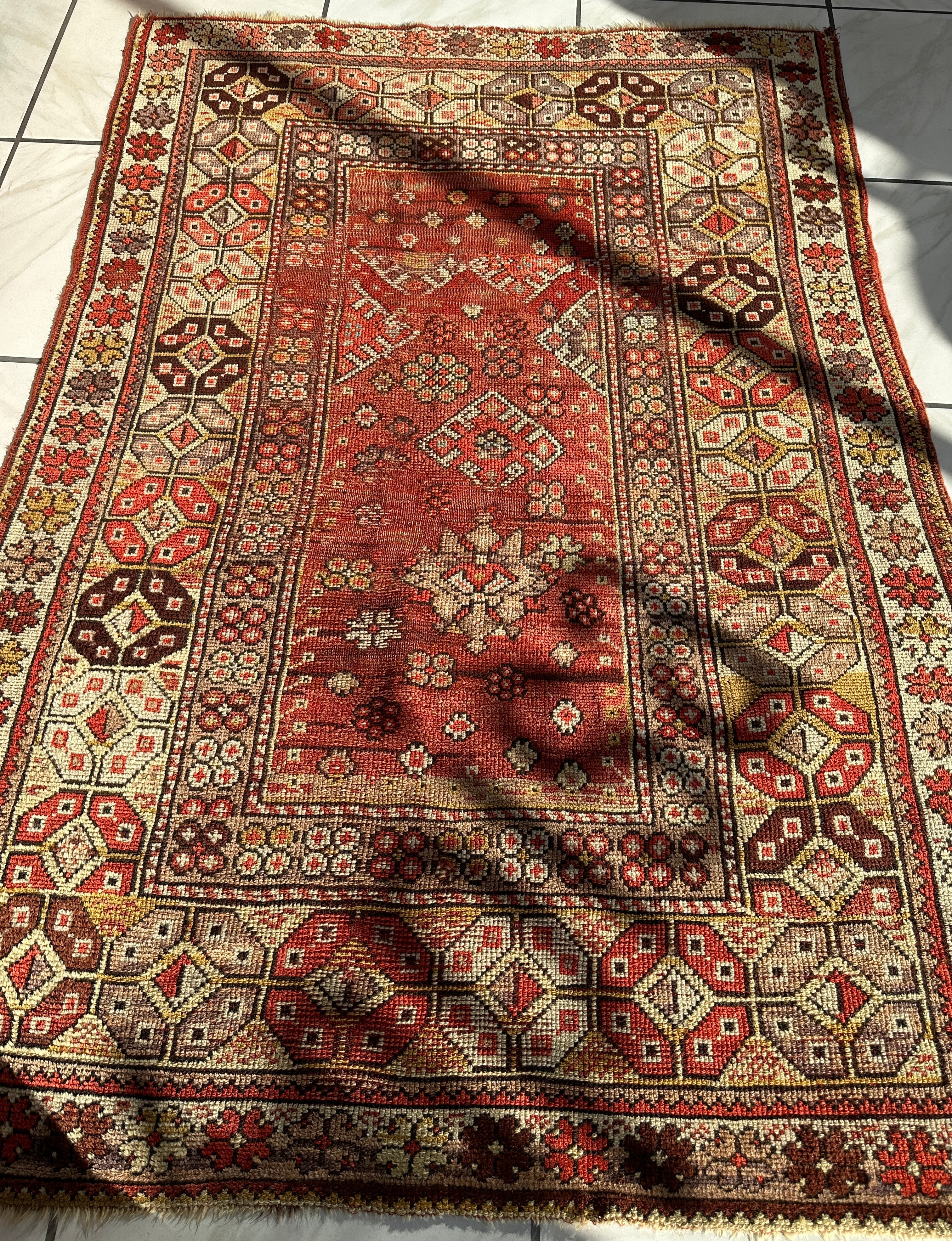 Antique Turkish Wool Distressed Prayer Rug 4’3” x 5’11”