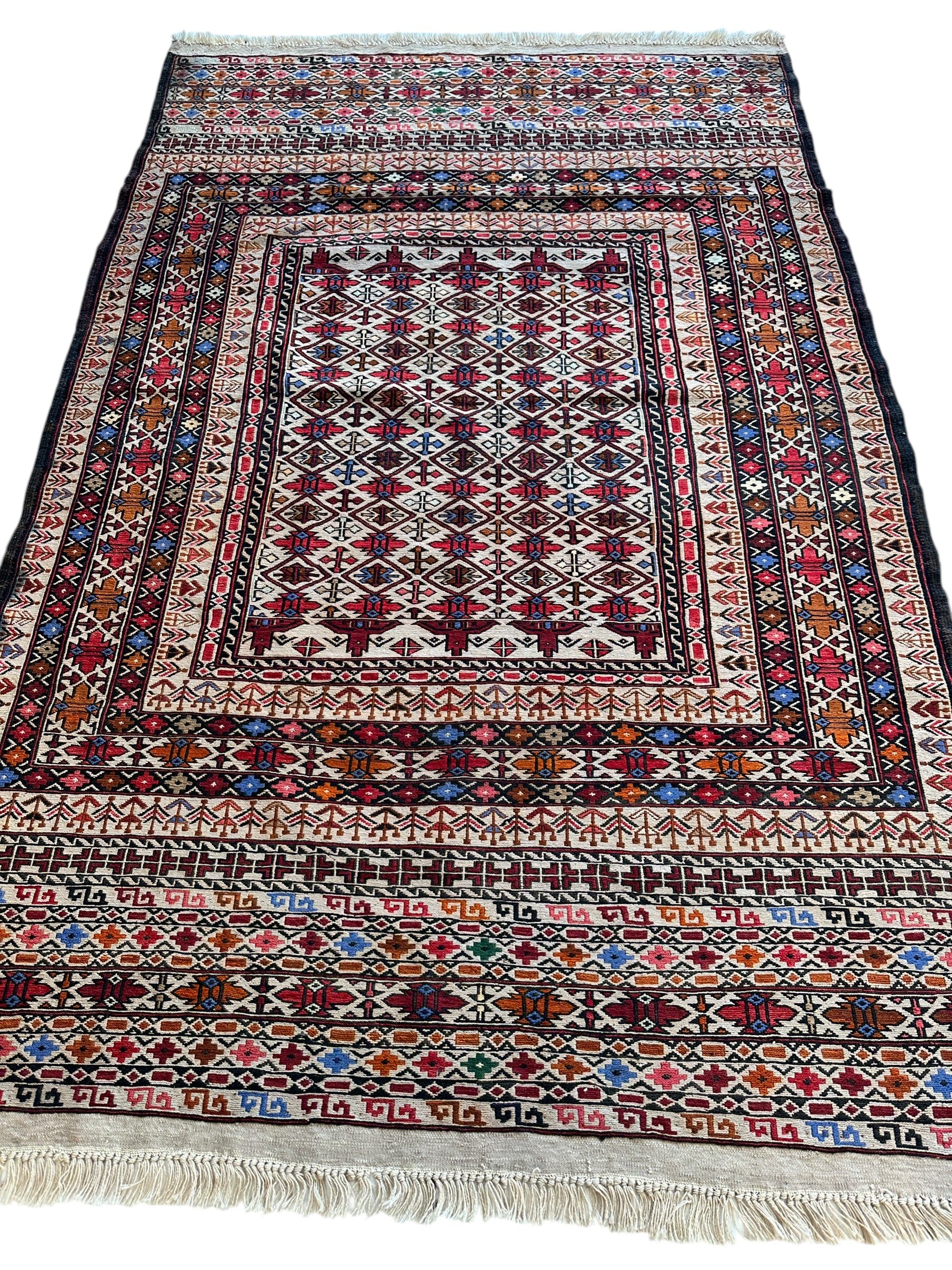 Hand-Woven Afghani Maliki Soumak Wool Kilim Rug - 4'2" x 6'6"