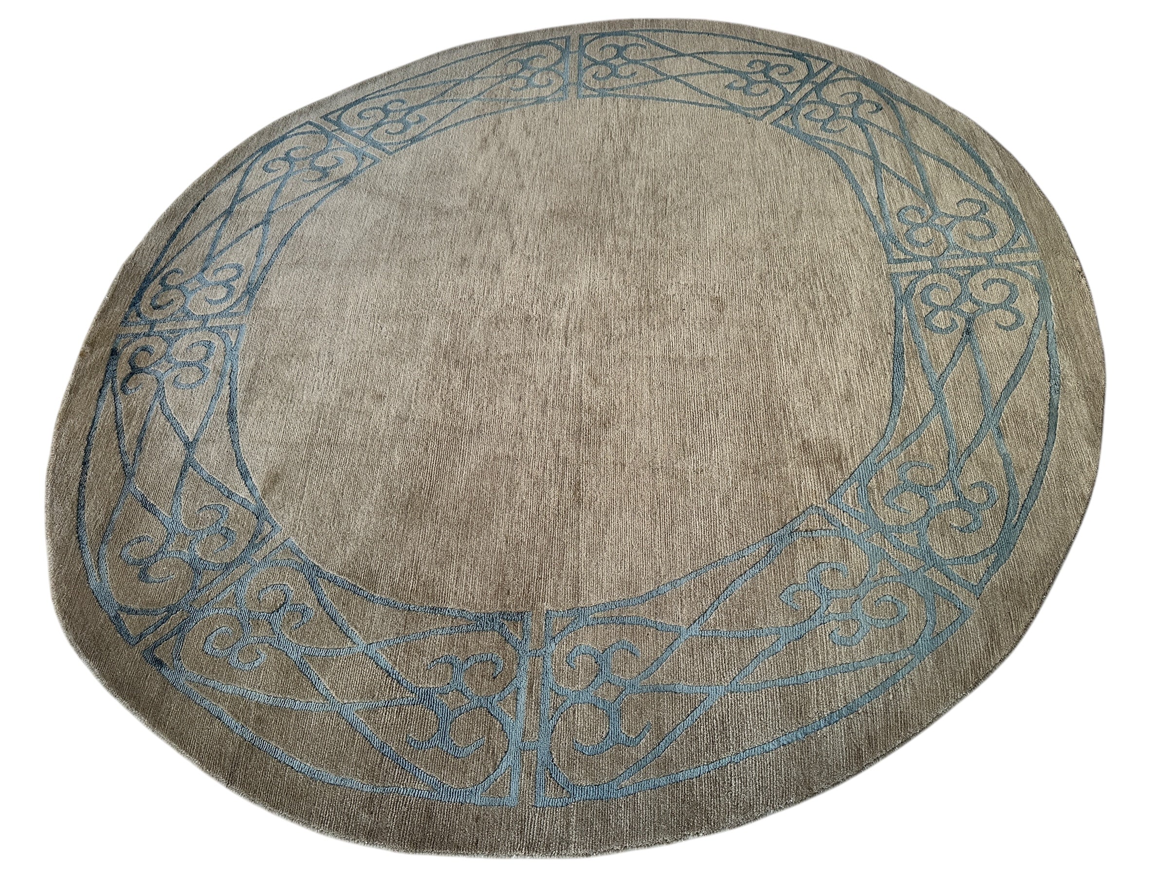 Hand-Knotted Tibetan Rug - 6' x 6'1" Round - Wool & Silk - Elegant Blue Border Design