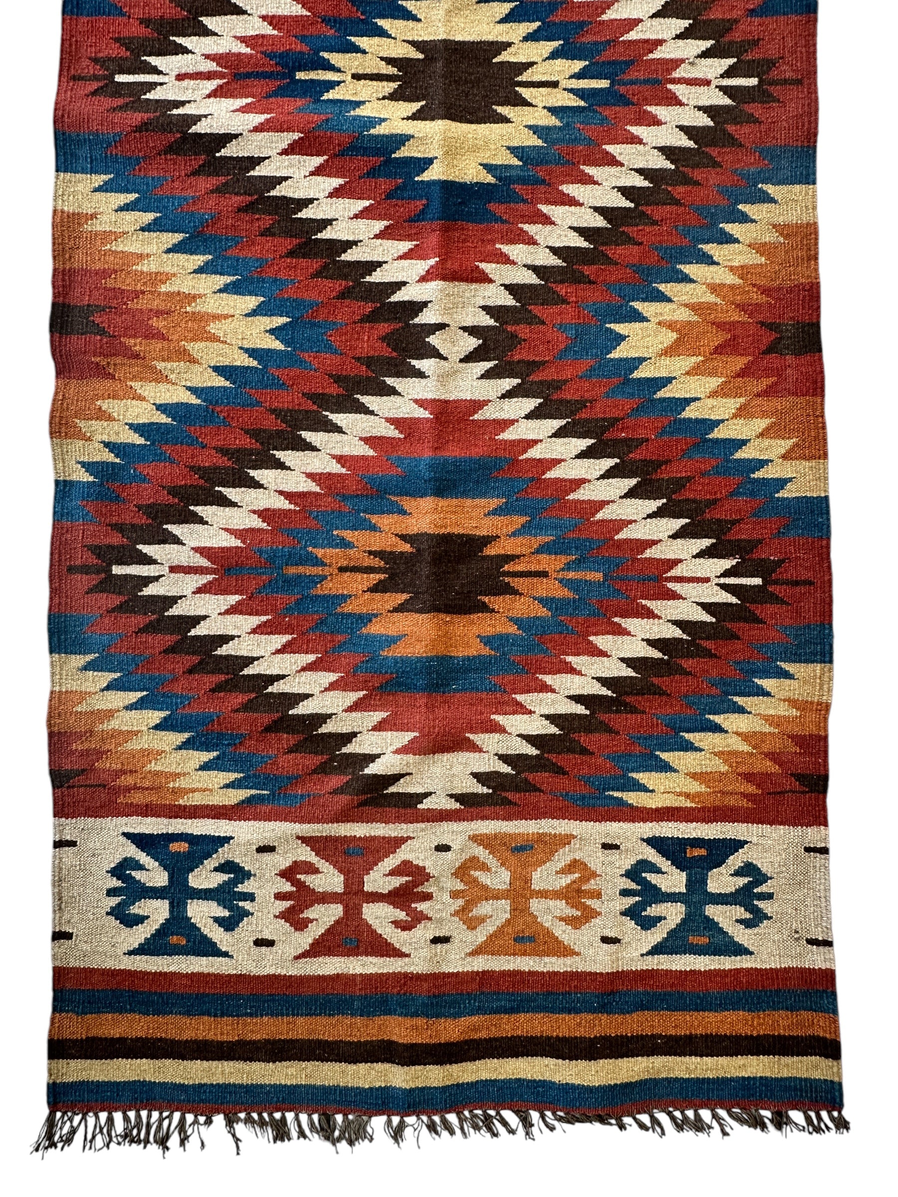 Hand-Knotted Afghan Kilim Wool Runner Rug – 2’8” x 12’4” – Vintage Full Geometric Design