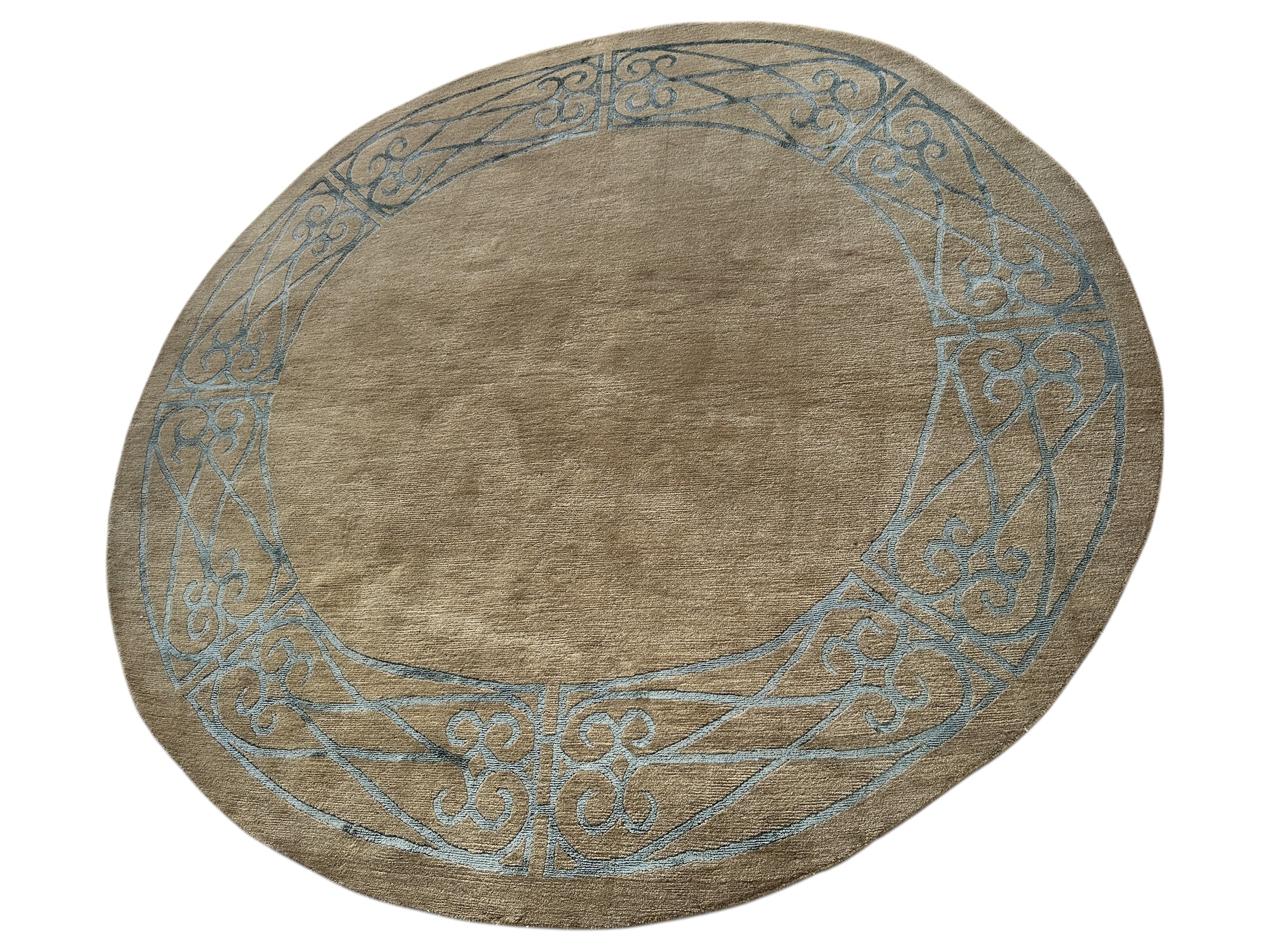 Hand-Knotted Tibetan Rug - 6' x 6'1" Round - Wool & Silk - Elegant Blue Border Design