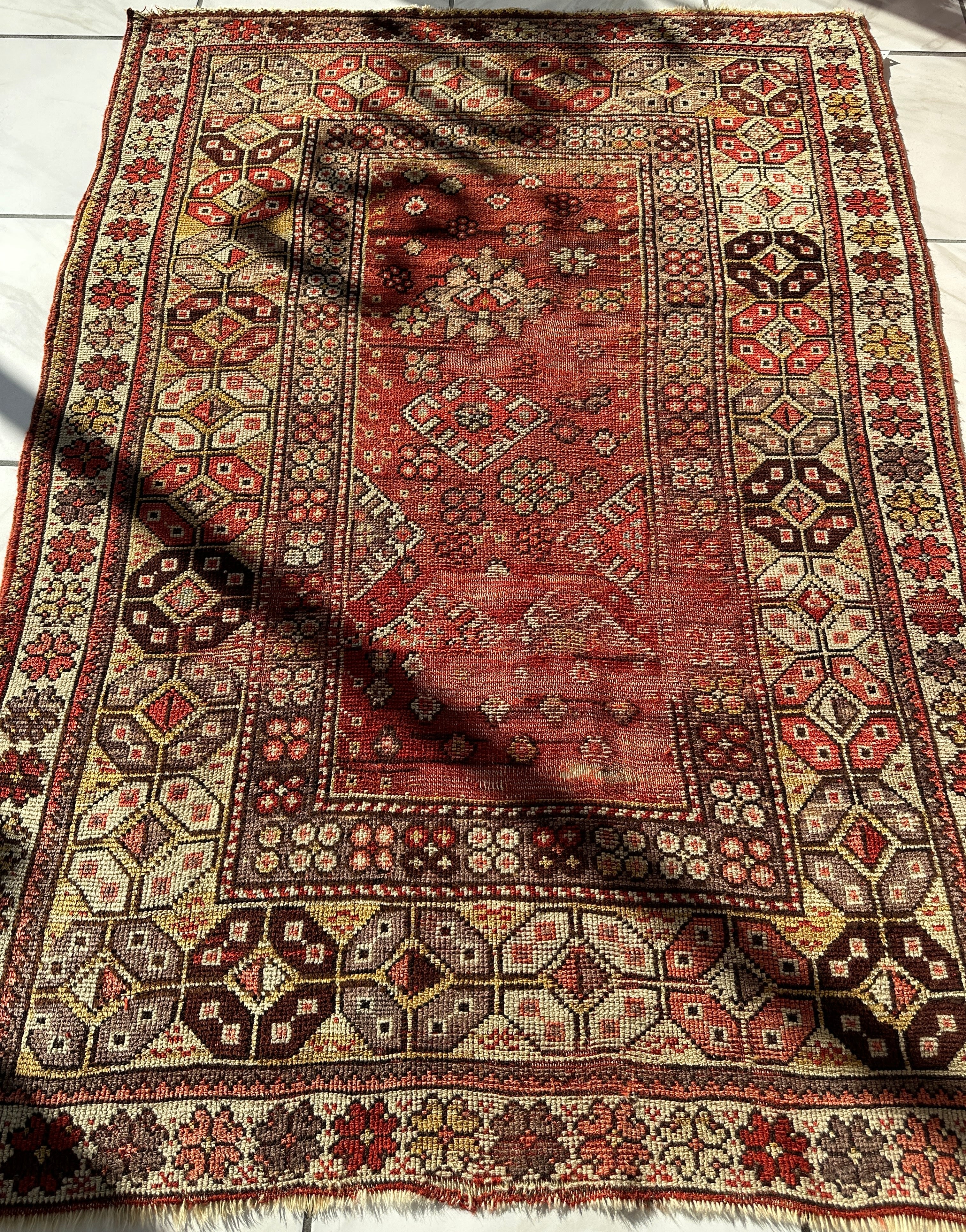 Antique Turkish Wool Distressed Prayer Rug 4’3” x 5’11”