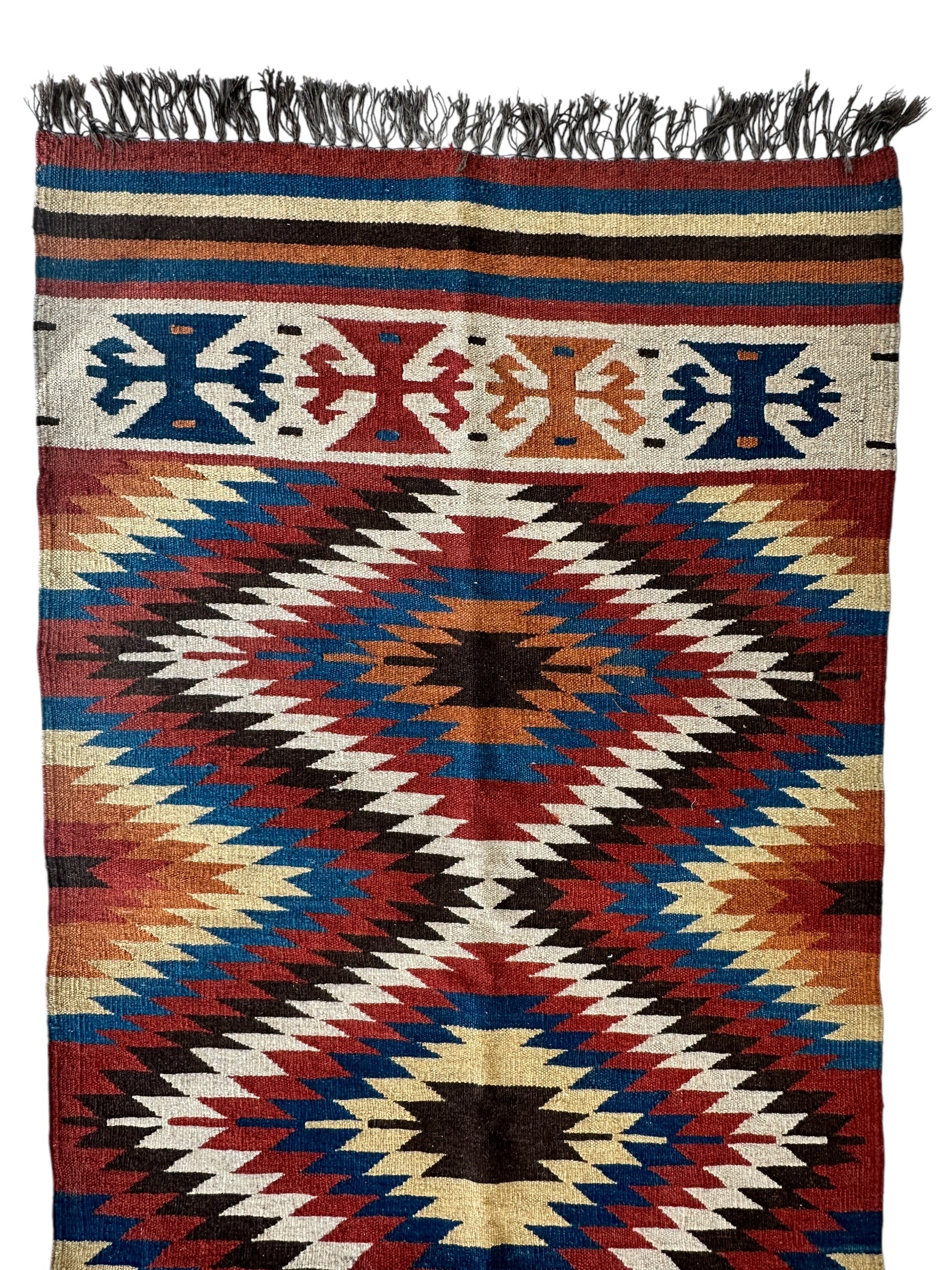 Hand-Knotted Afghan Kilim Wool Runner Rug – 2’8” x 12’4” – Vintage Full Geometric Design