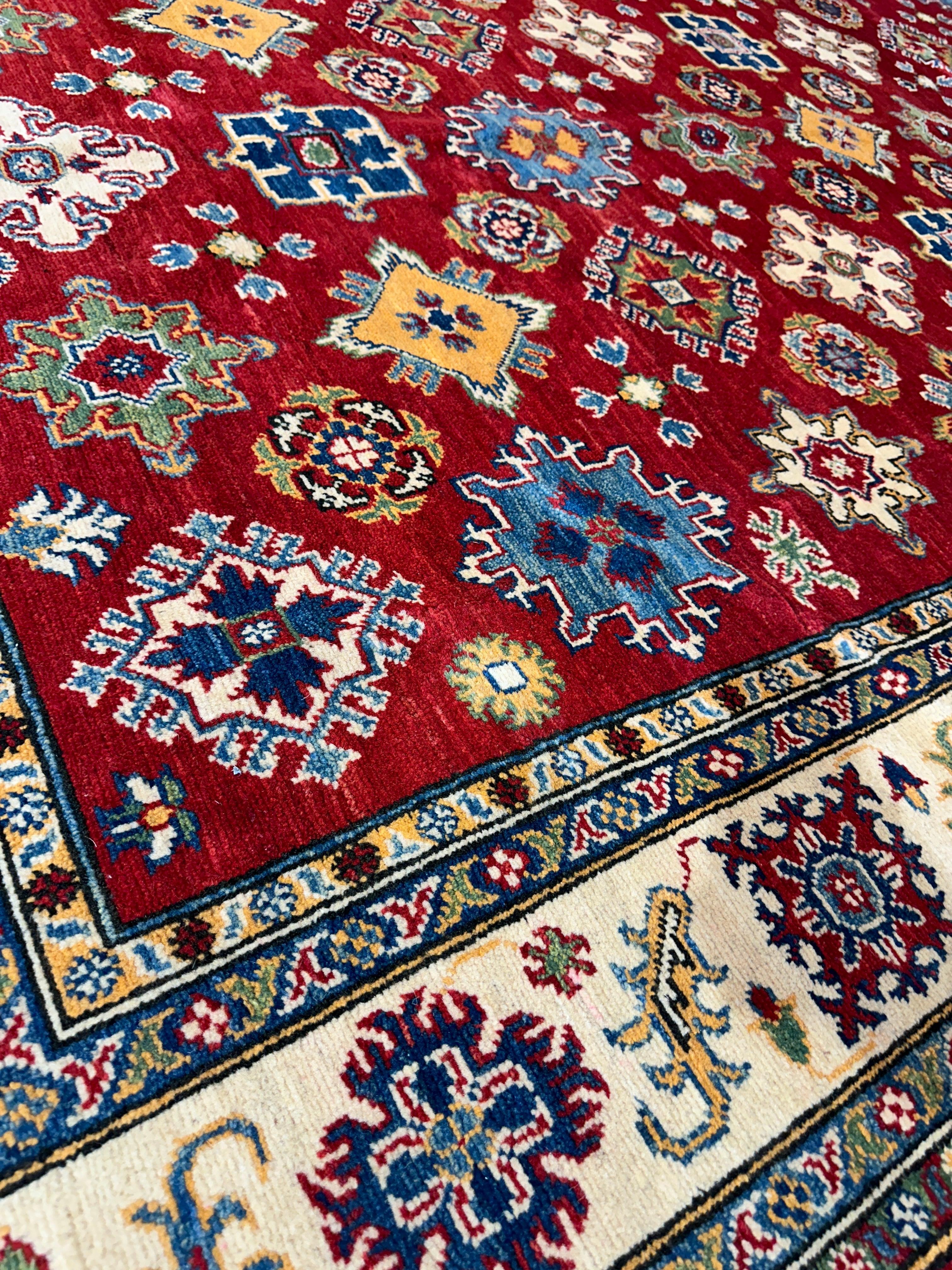 Fine Hand Knotted Afghani Super Kazak Rug 7 x 10