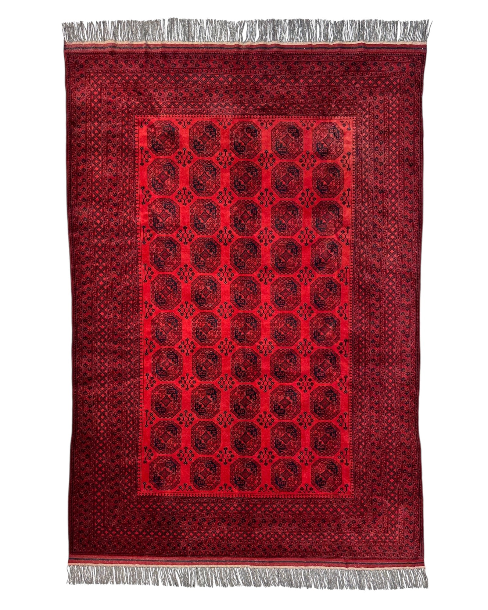 Hand-Knotted Turkoman Ersari Wool Rug – 6’7” x 9’6” – Rich Red Tones, Geometric Design