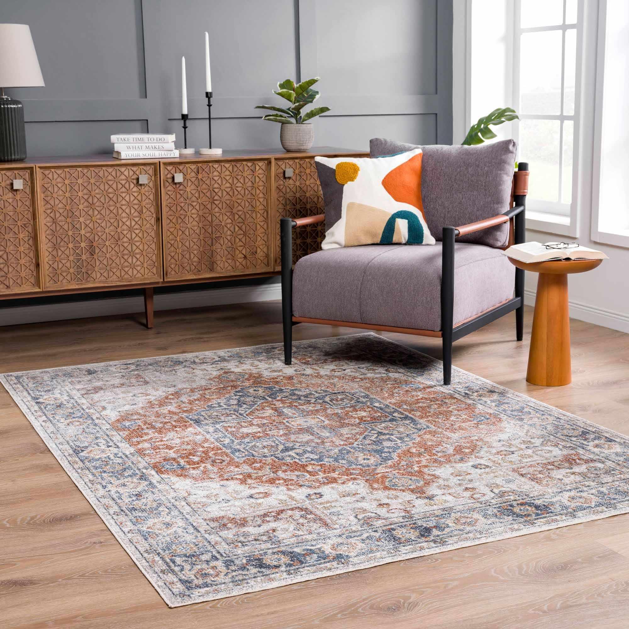 Akram Gray & Orange Washable Area Rug