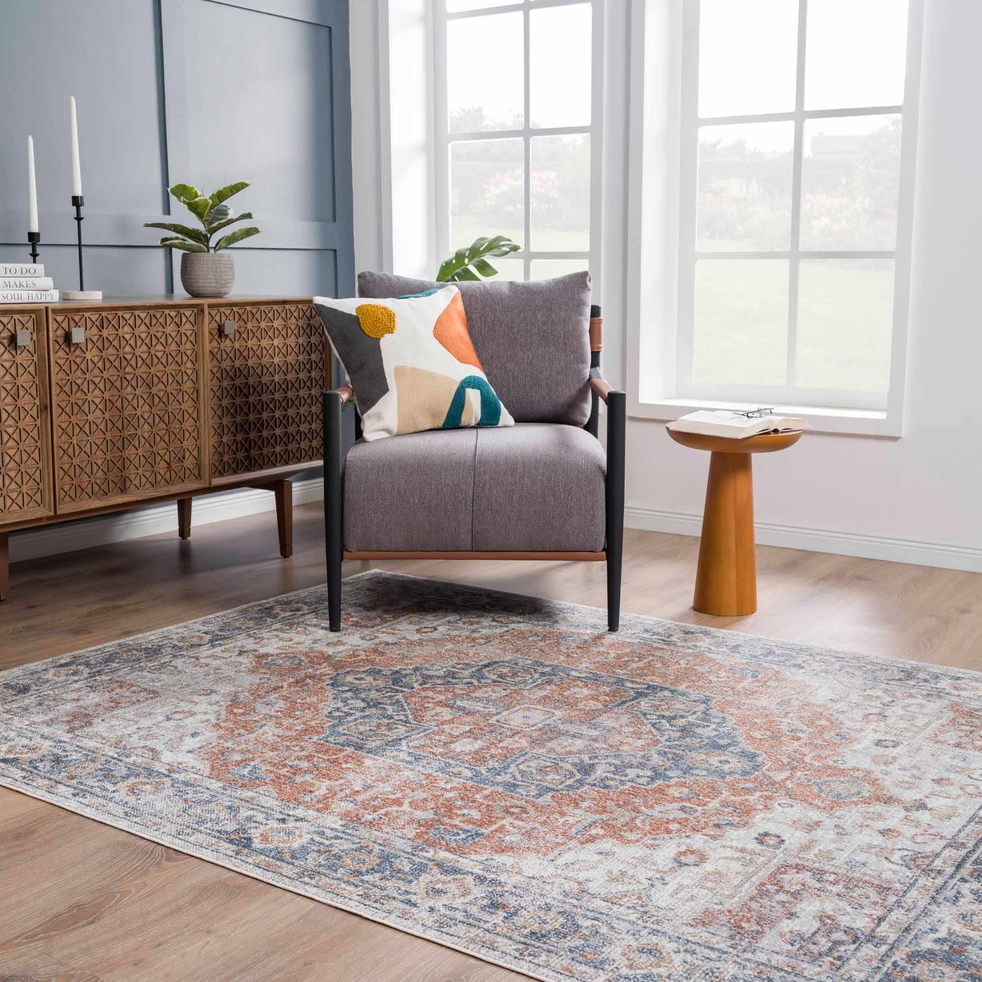 Akram Gray & Orange Washable Area Rug