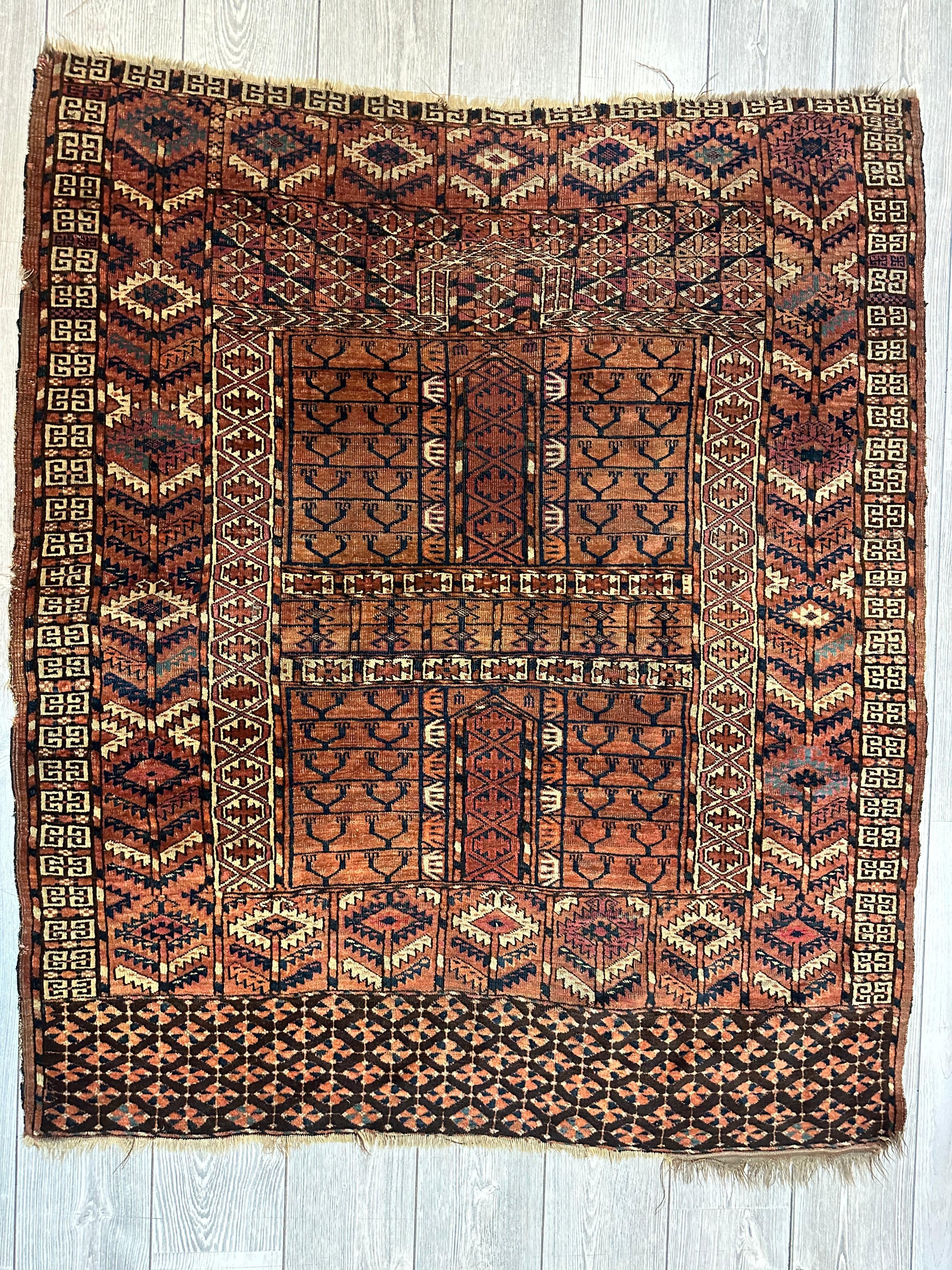 Antique 1880s Turkoman Tekke Ensi Tent Door Covering Rug 4’ x4’8”