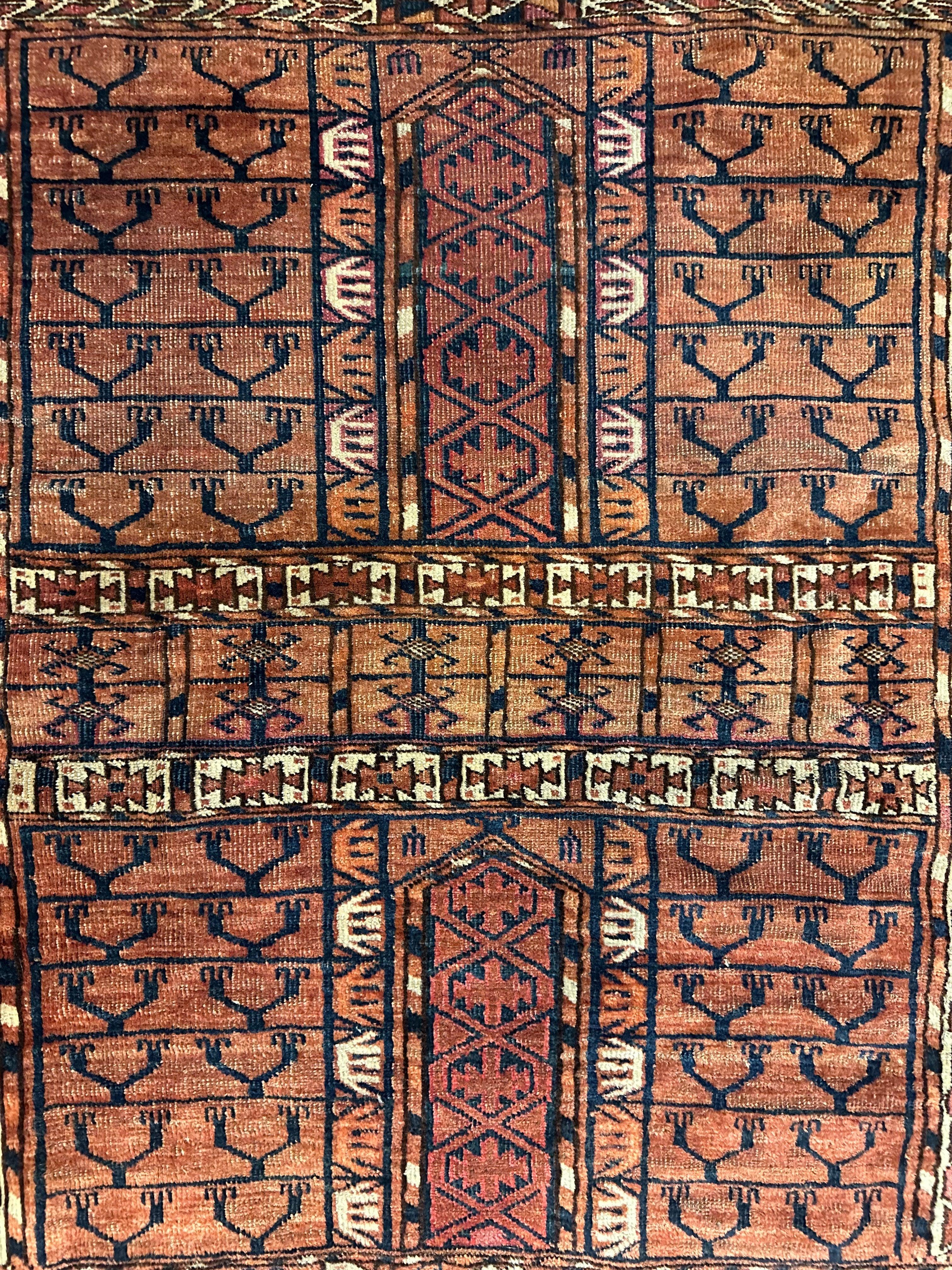 Antique 1880s Turkoman Tekke Ensi Tent Door Covering Rug 4’ x4’8”