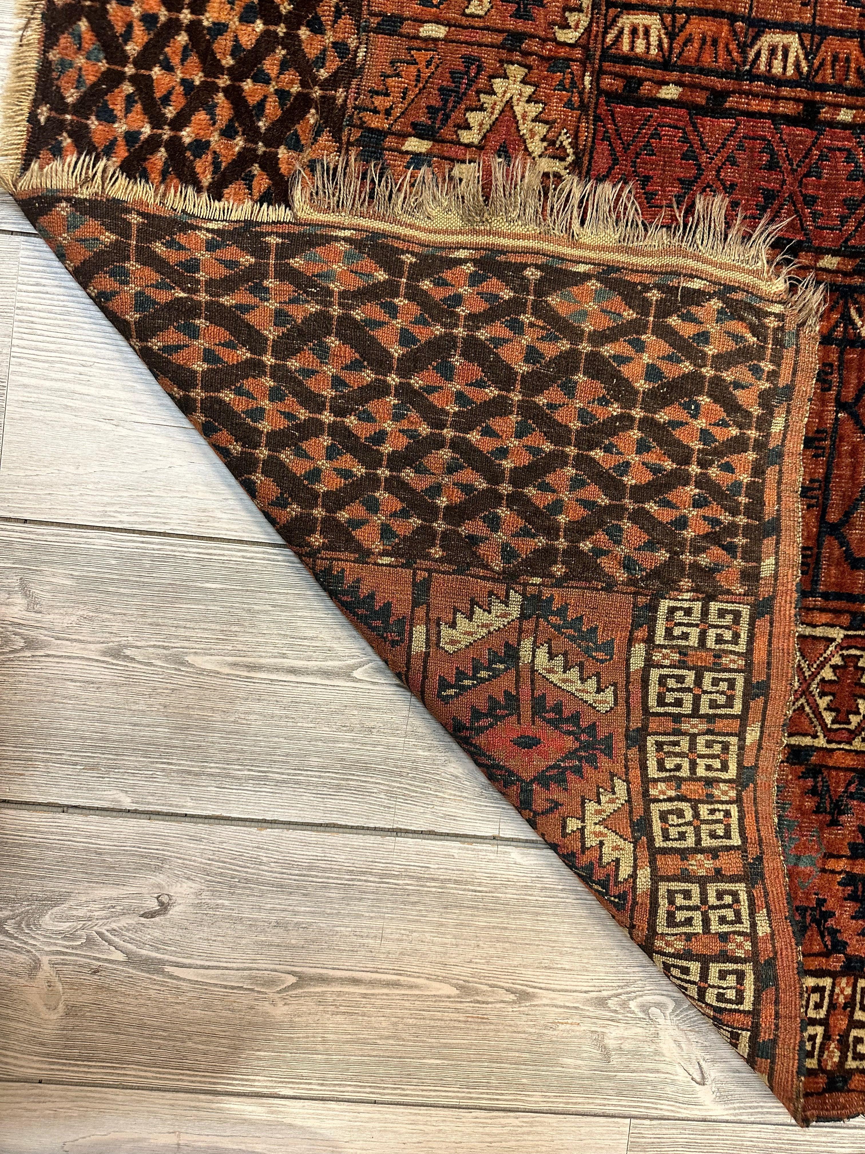 Antique 1880s Turkoman Tekke Ensi Tent Door Covering Rug 4’ x4’8”