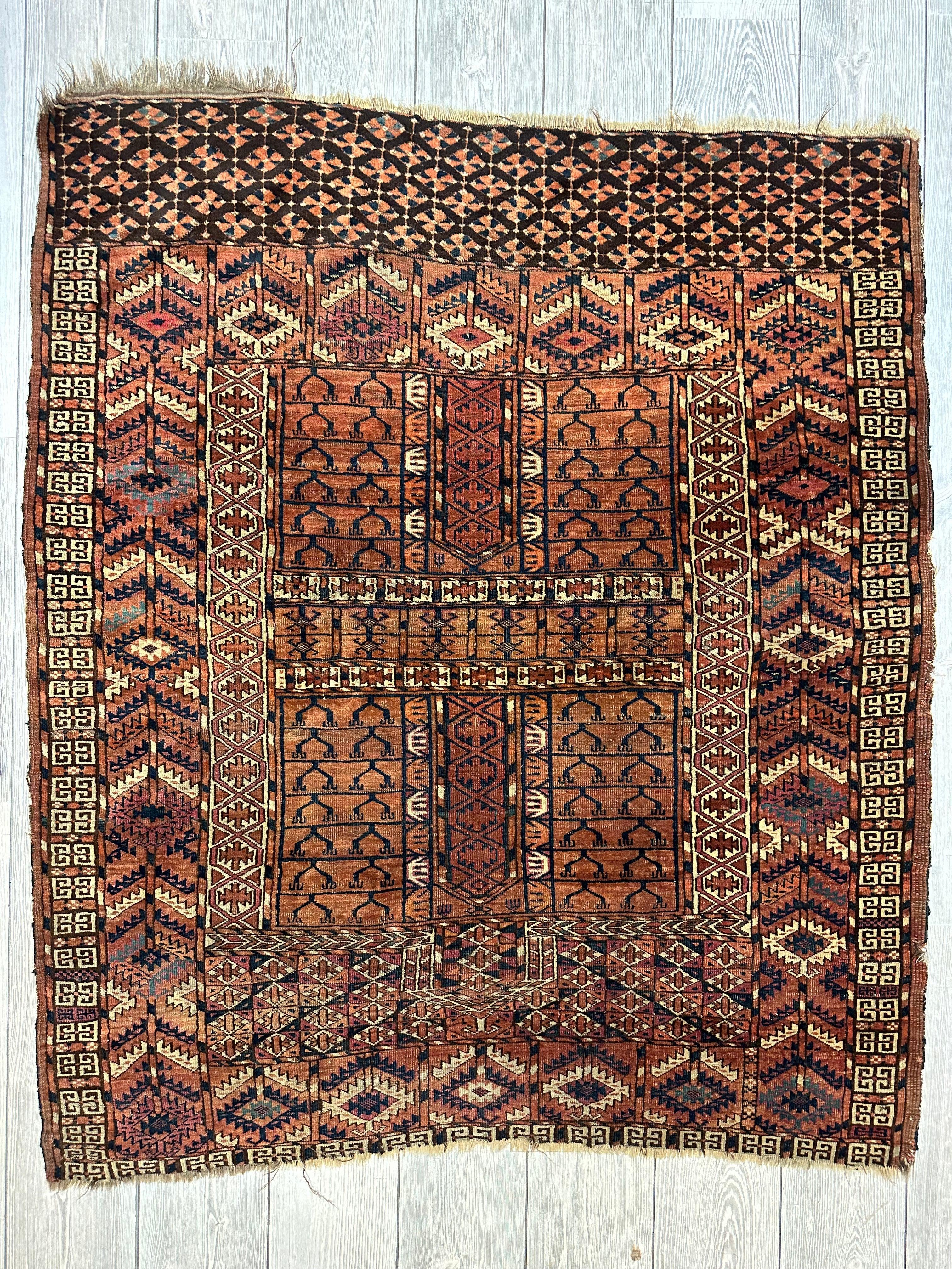 Antique 1880s Turkoman Tekke Ensi Tent Door Covering Rug 4’ x4’8”