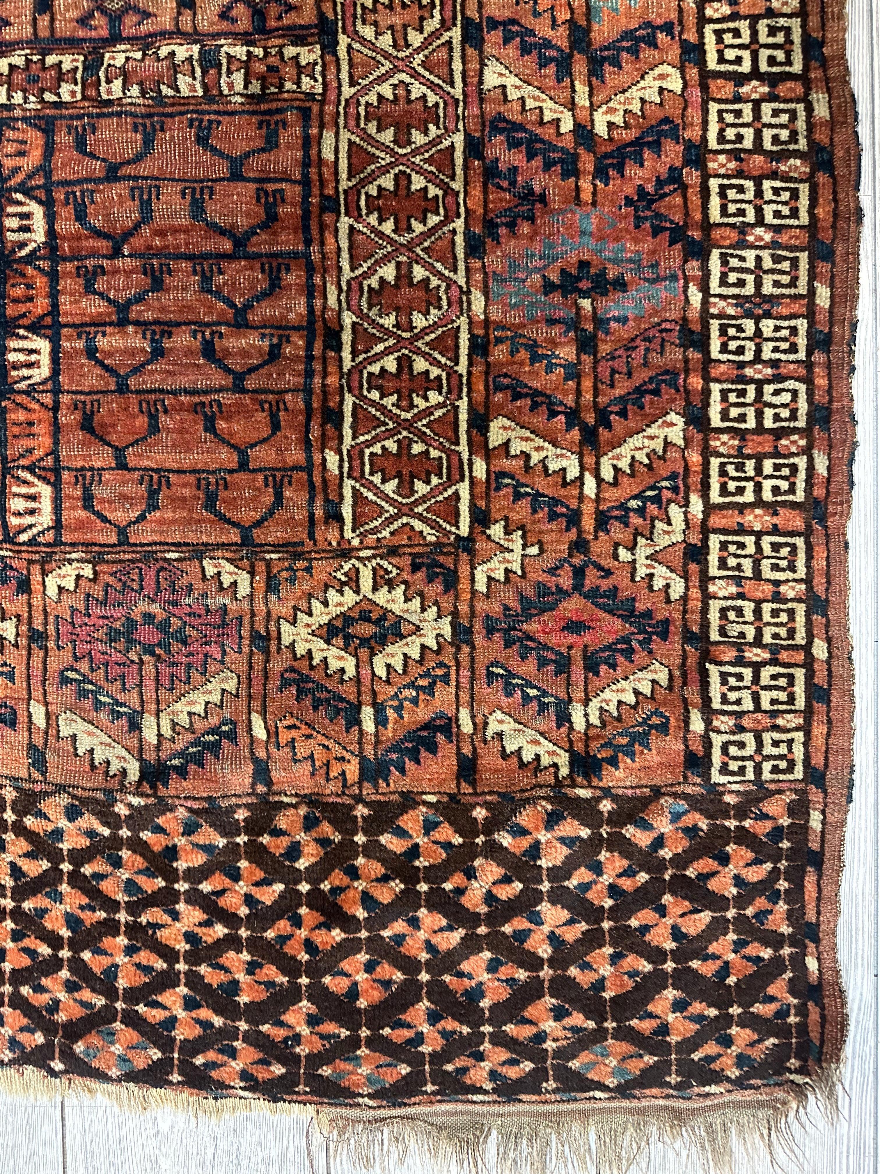 Antique 1880s Turkoman Tekke Ensi Tent Door Covering Rug 4’ x4’8”