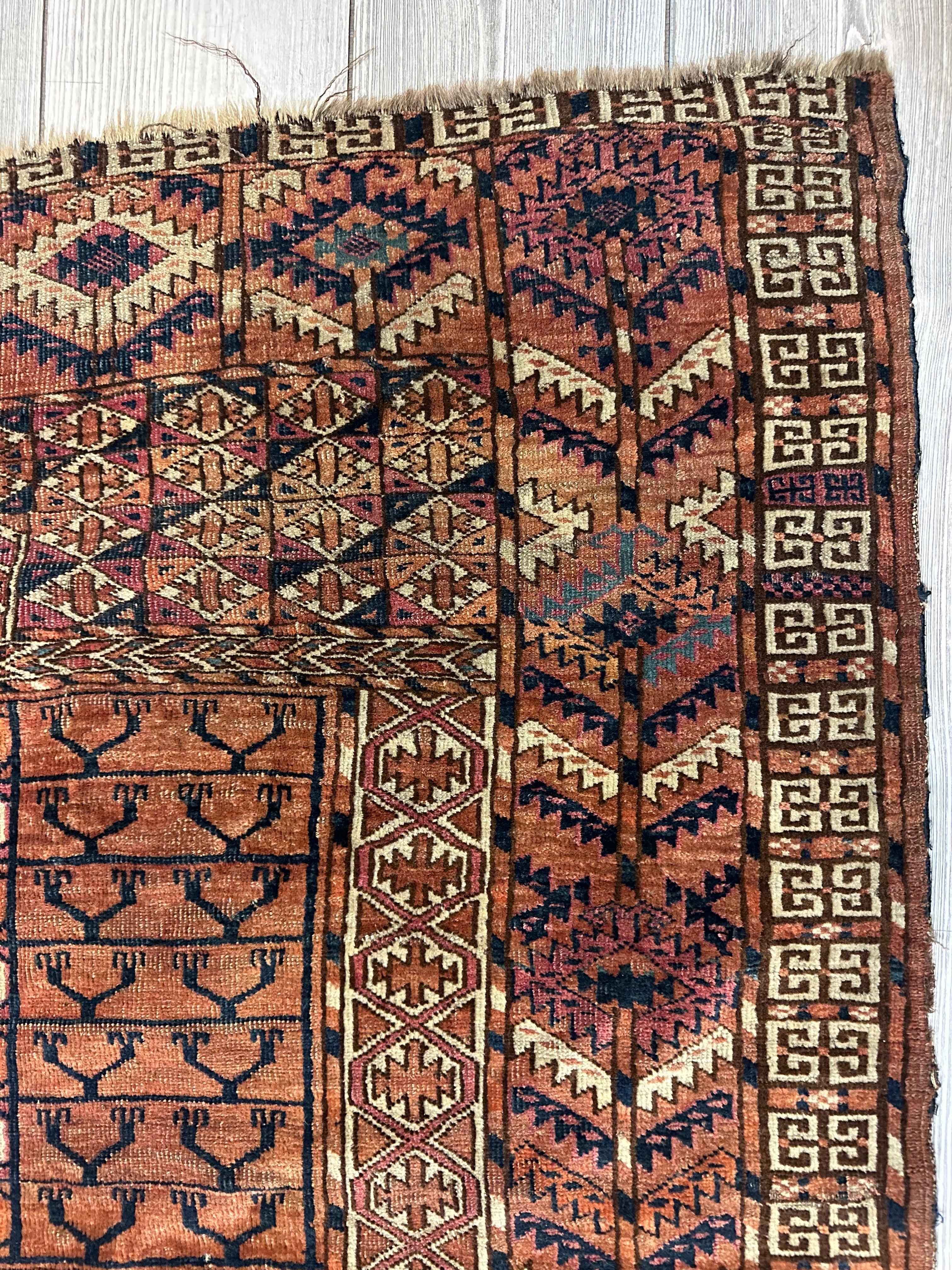 Antique 1880s Turkoman Tekke Ensi Tent Door Covering Rug 4’ x4’8”