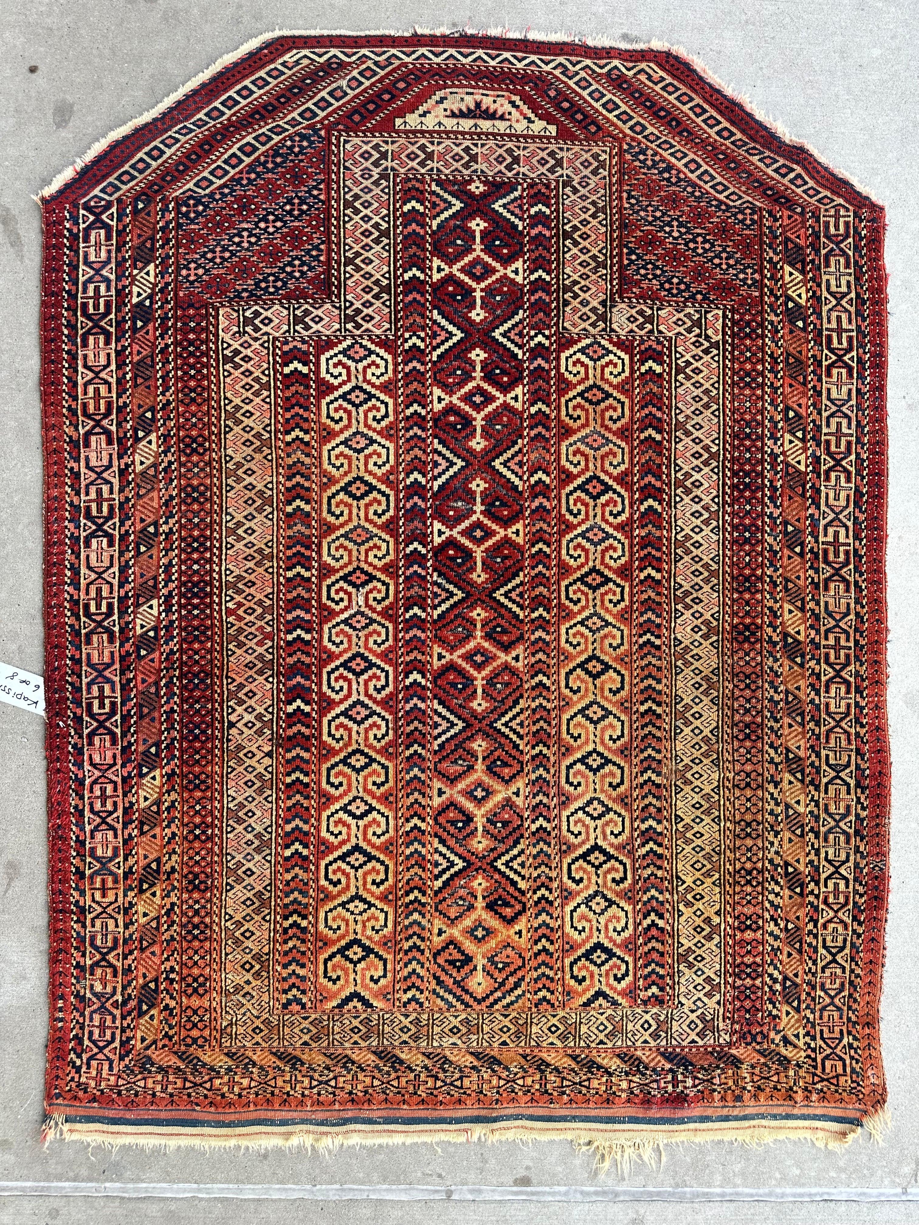 Antique 1890’s Turkoman Prayer Rug or Namazlyk 4’ x 5’2”