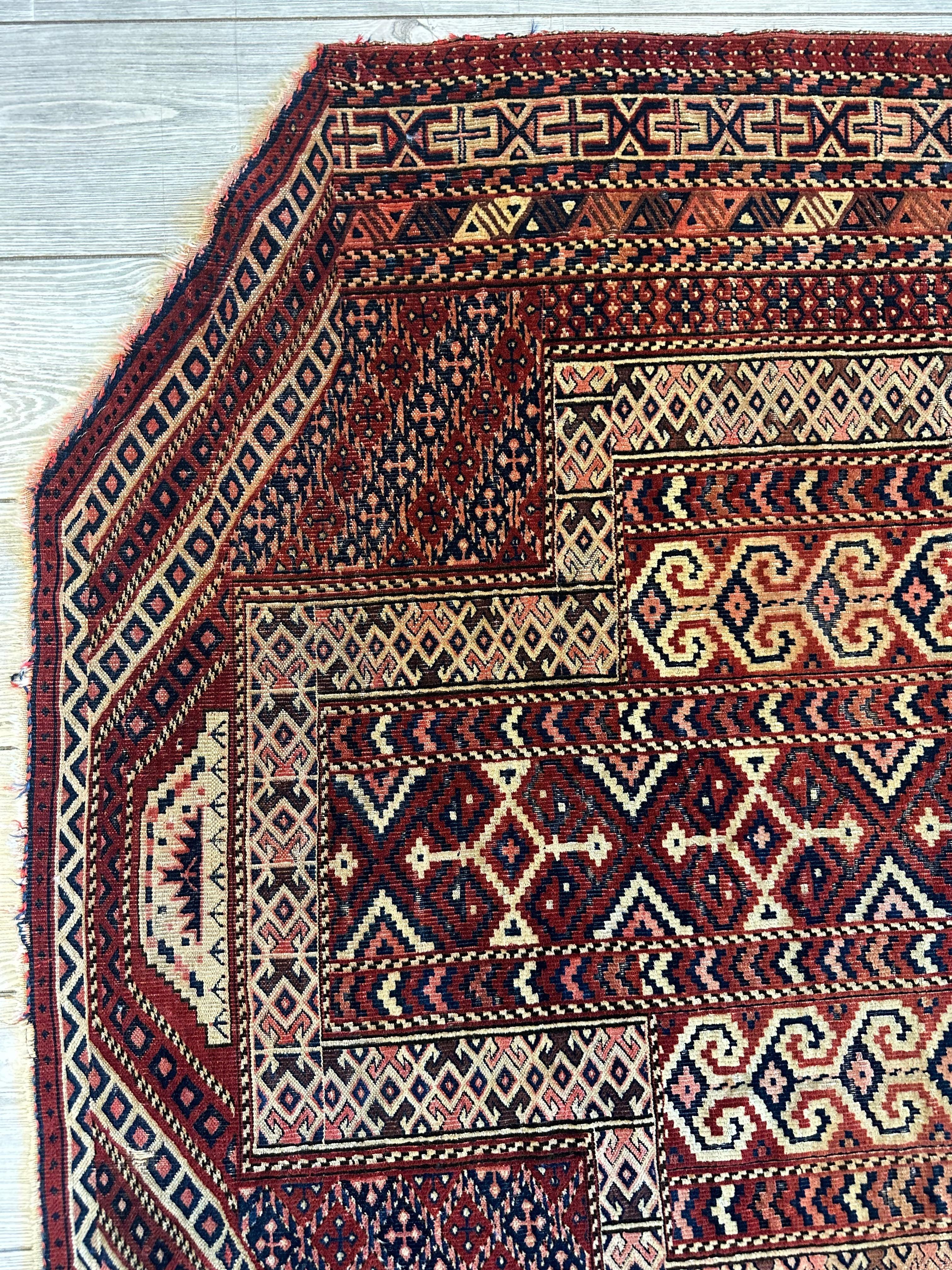 Antique 1890’s Turkoman Prayer Rug or Namazlyk 4’ x 5’2”