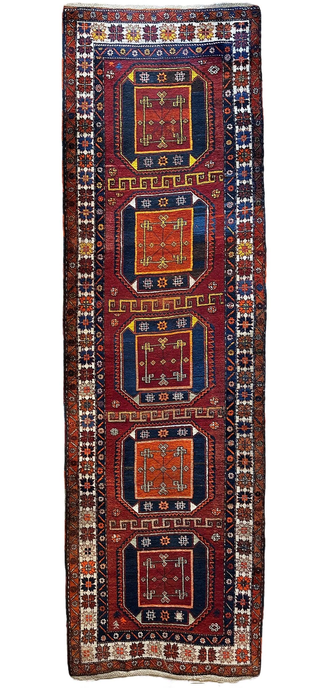 Antique circa 1920's Kurdish-Kazak Geometric Motifs Runner 3’8” x 12’3”