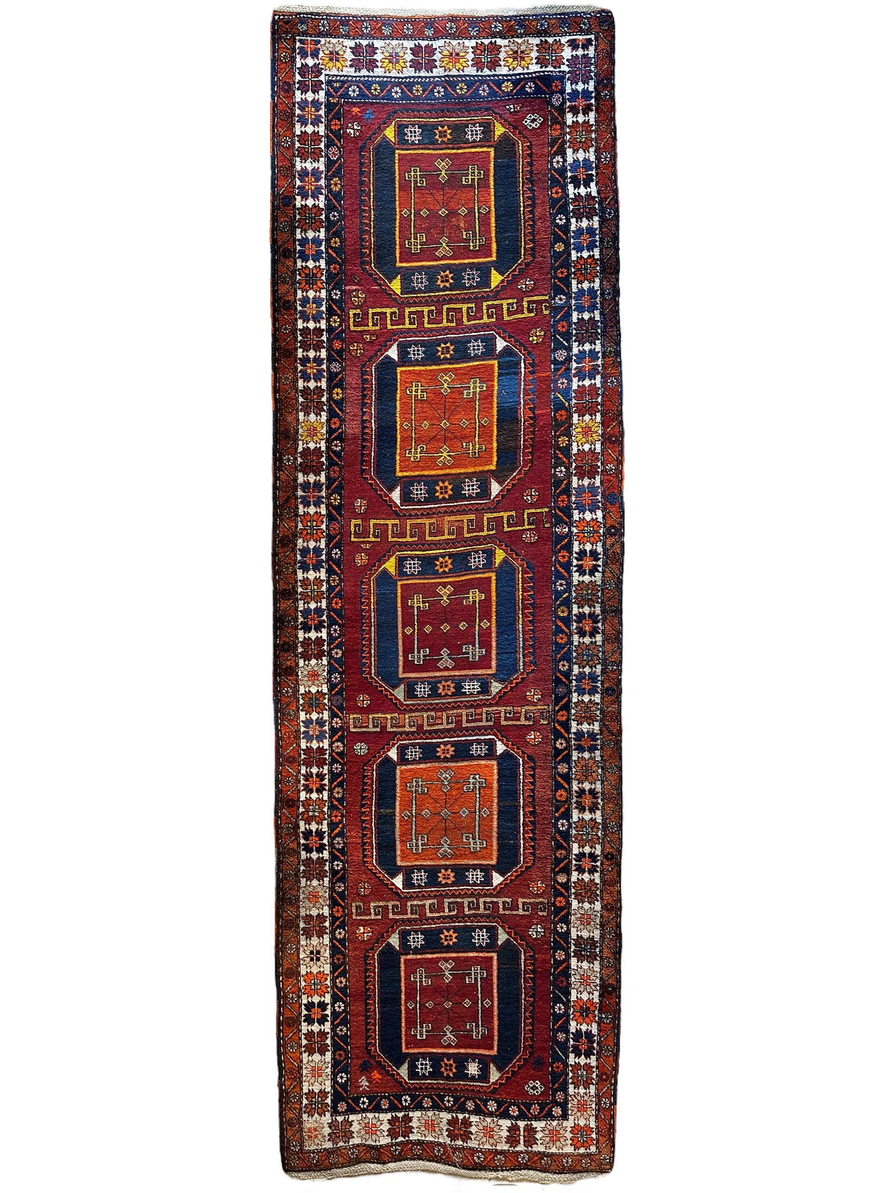 Antique circa 1920's Kurdish-Kazak Geometric Motifs Runner 3’8” x 12’3”