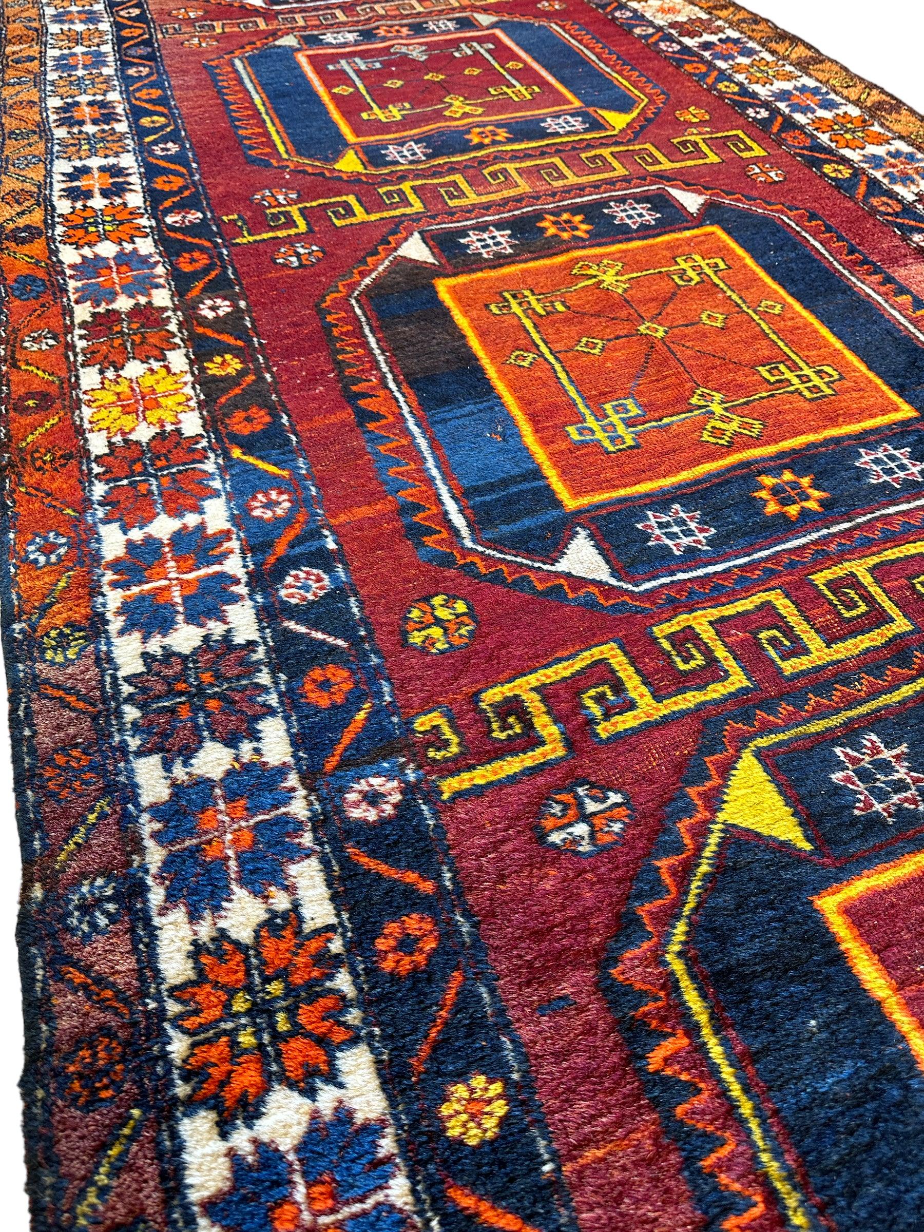 Antique circa 1920's Kurdish-Kazak Geometric Motifs Runner 3’8” x 12’3”