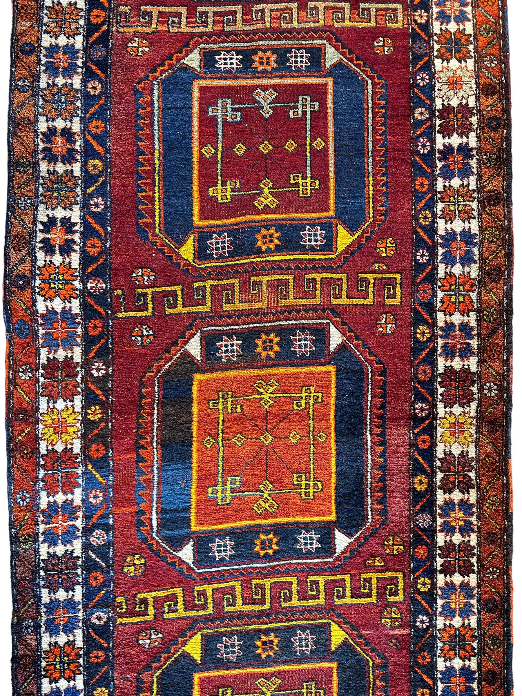 Antique circa 1920's Kurdish-Kazak Geometric Motifs Runner 3’8” x 12’3”