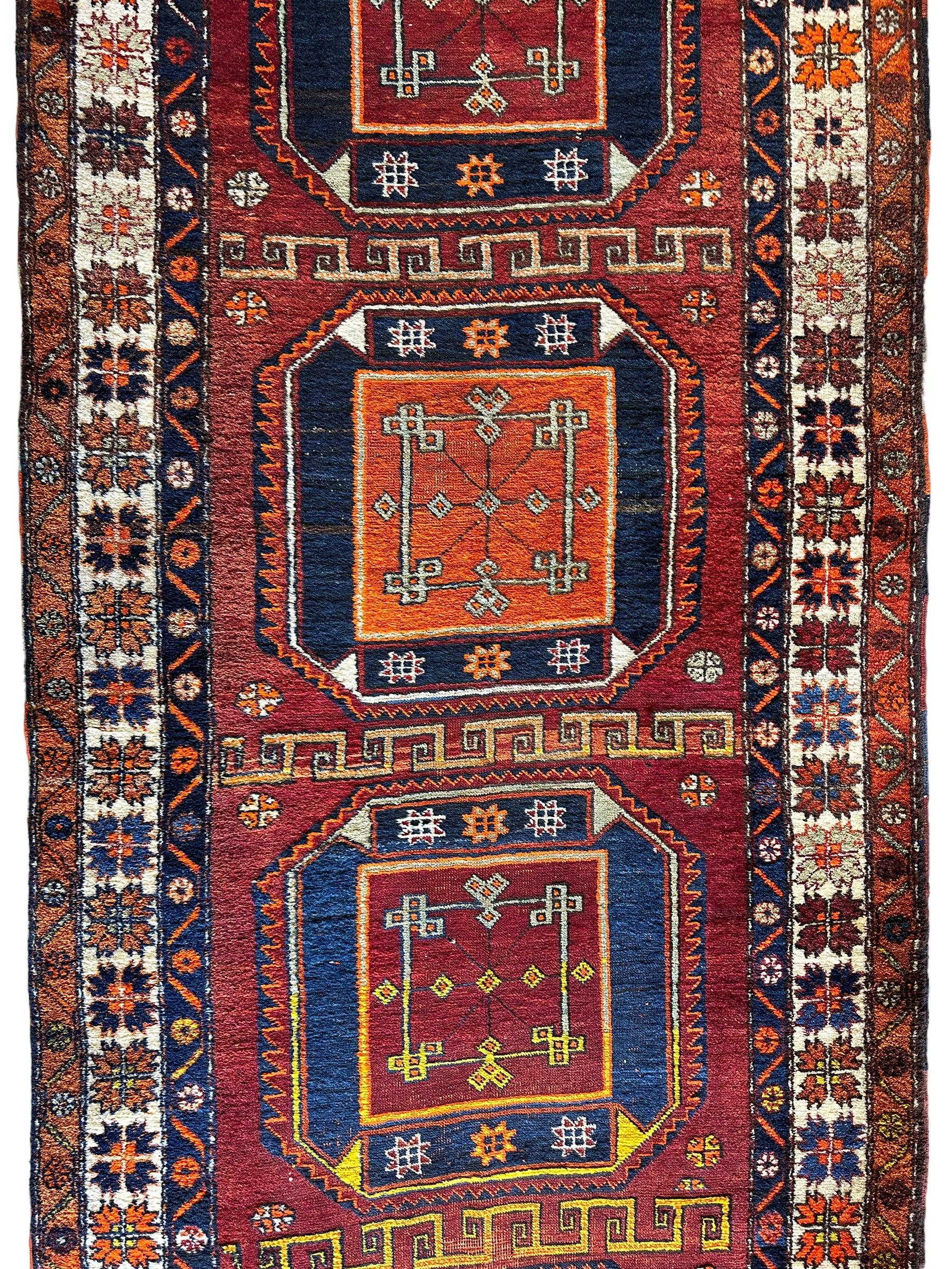 Antique circa 1920's Kurdish-Kazak Geometric Motifs Runner 3’8” x 12’3”