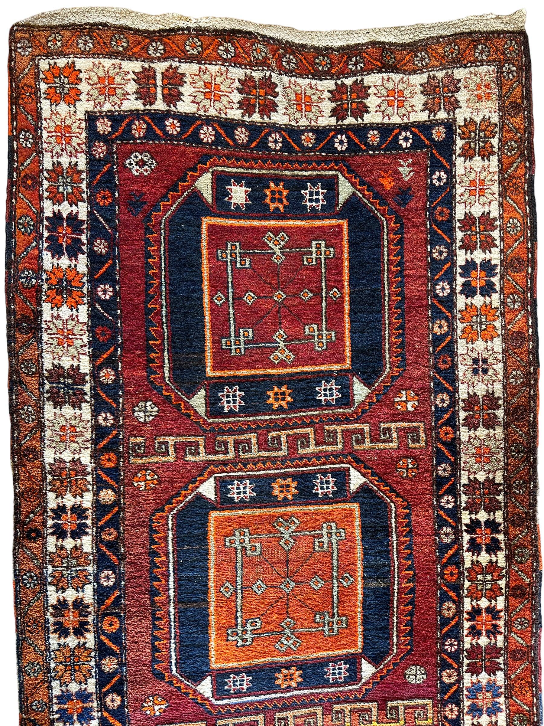 Antique circa 1920's Kurdish-Kazak Geometric Motifs Runner 3’8” x 12’3”