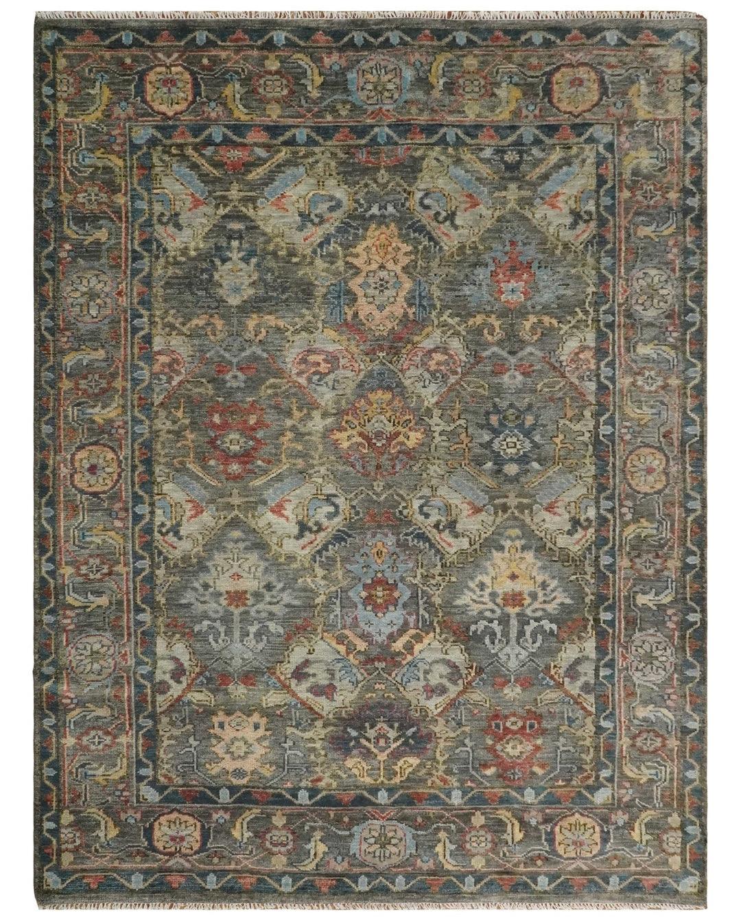 ANTIQUE DESIGN WOOL TRADITIONAL CHARCOAL, BROWN & BLUE VIBRANT HAND KNOTTED OUSHAK AREA RUG 8 x 10