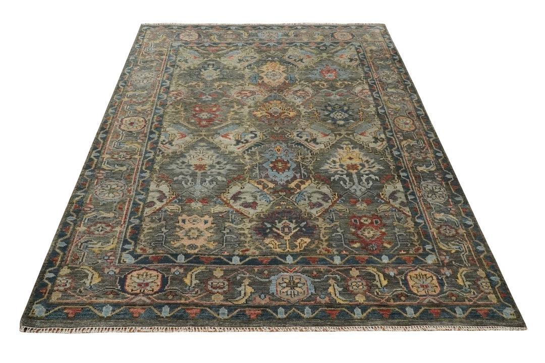 ANTIQUE DESIGN WOOL TRADITIONAL CHARCOAL, BROWN & BLUE VIBRANT HAND KNOTTED OUSHAK AREA RUG 8 x 10