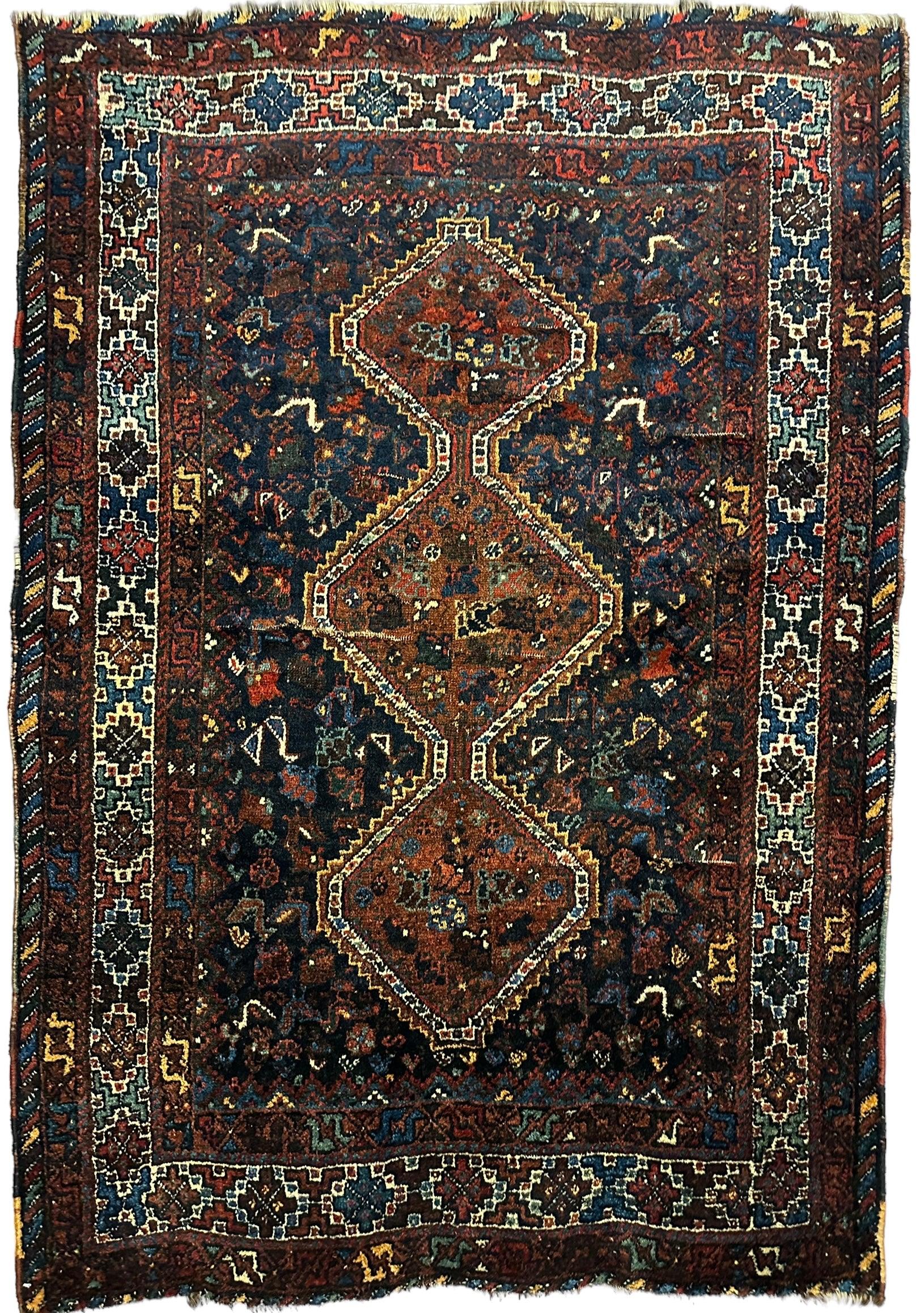 Antique Persian Khamseh Tribal Rug 4' x 5’10”