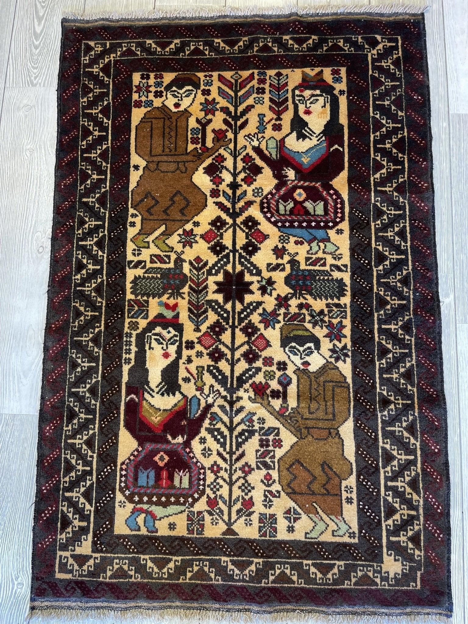 Antique Tribal Afghani Baluchi Laili Majnun Pictorial Rug 4.5x2.10 Ft