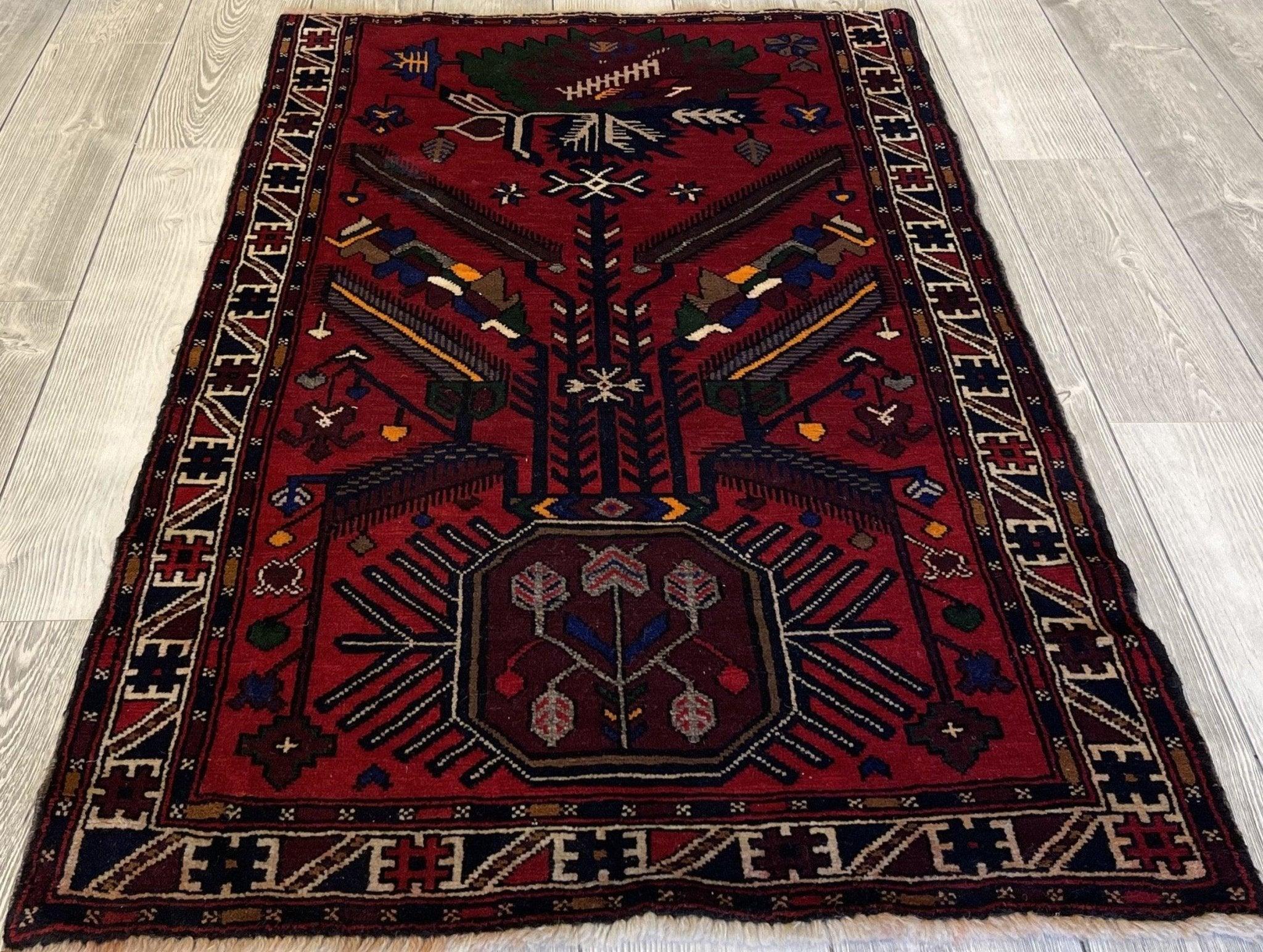 Authentic Hand Knotted Vintage Afghani Adraskan Baluchi Wool Area Rug 5' x 3' ft