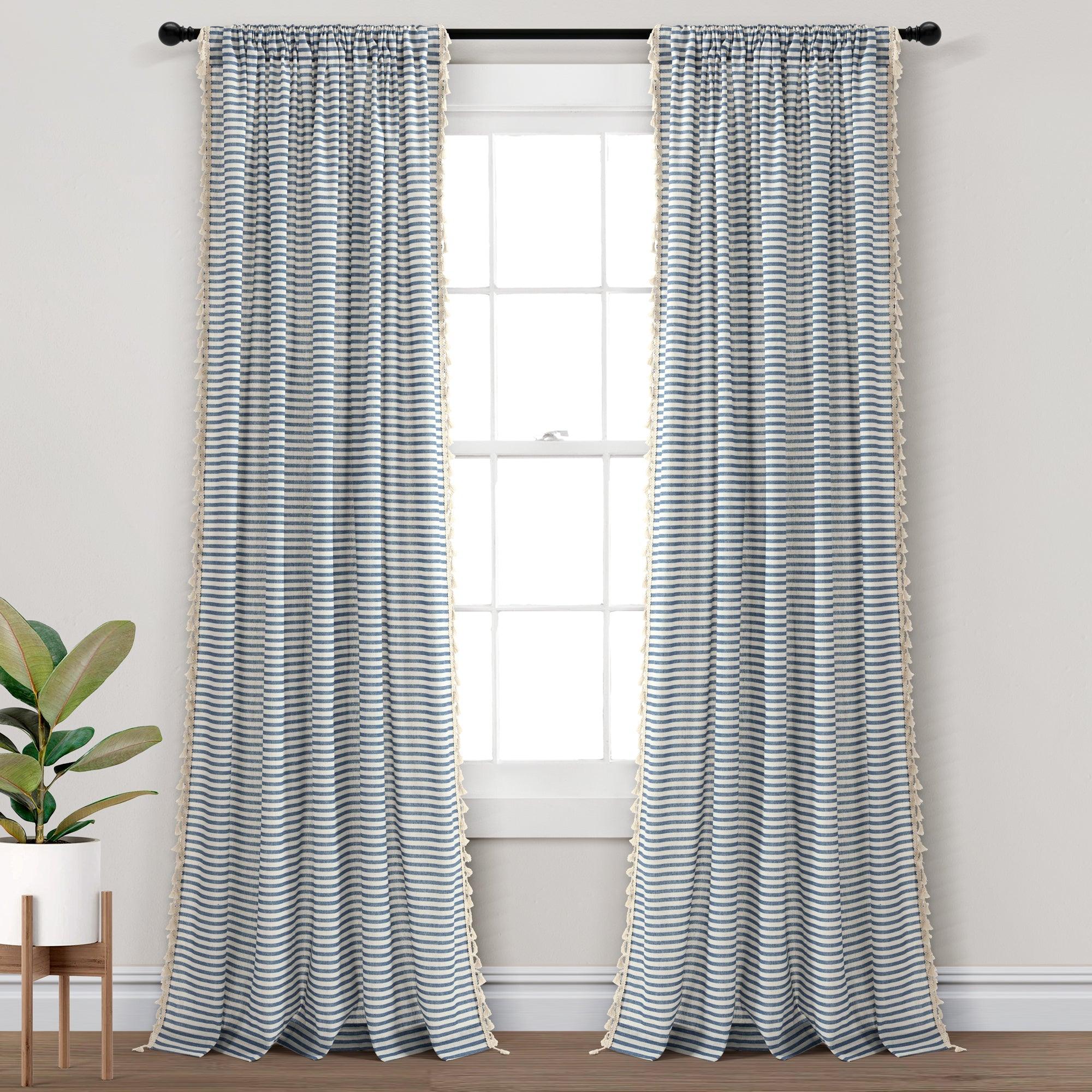 Boho Coastal Horizontal Ticking Stripe Tassel Window Curtain Panel Set