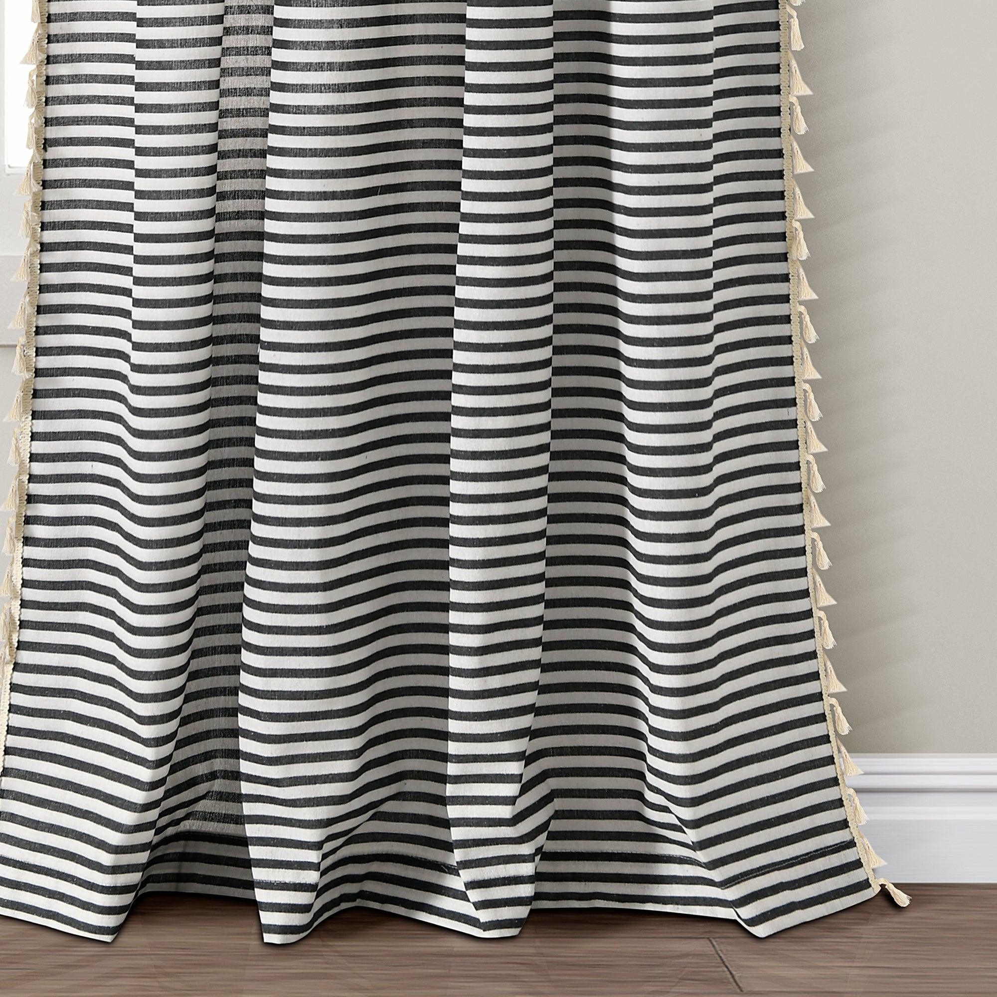 Boho Coastal Horizontal Ticking Stripe Tassel Window Curtain Panel Set